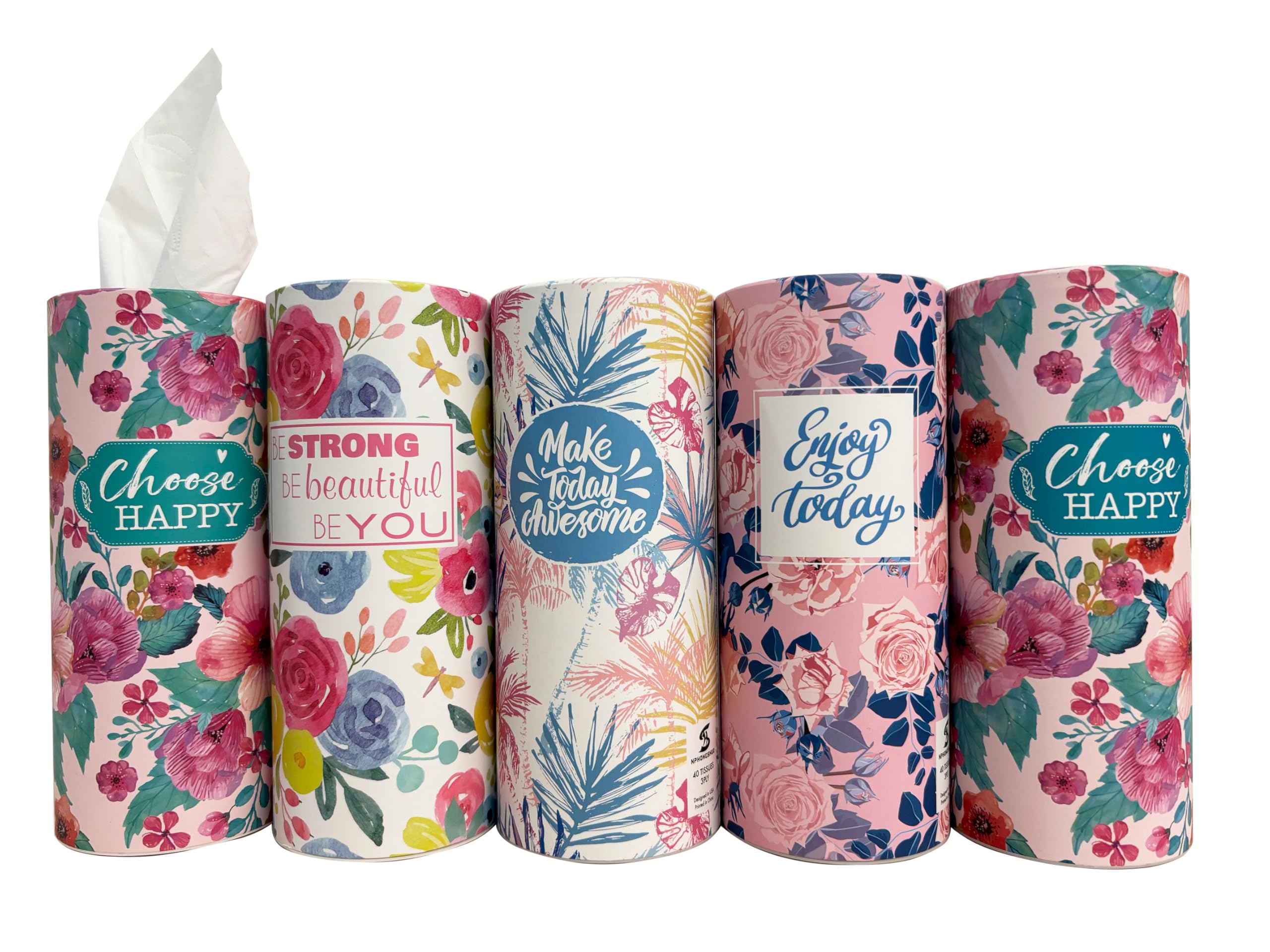 5-Pack Car Tissue Holder (4PK + 1 Lucky Color PK),Car Tissues Cylinder, Cute Floral Design & Positive Quotes | Compact, Super Absorbent 3-Ply Tissues for Car Cup Holders