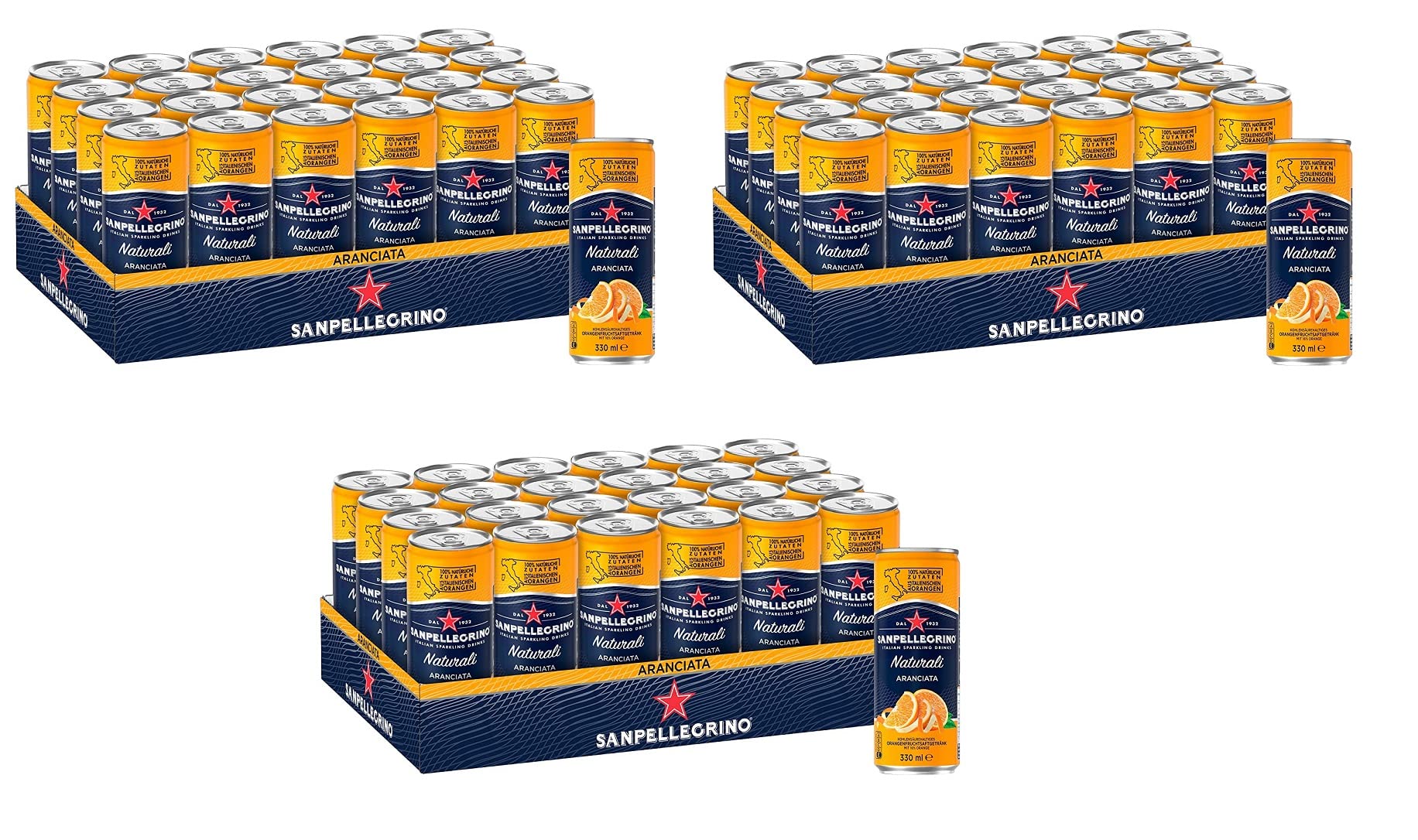 San Pellegrino | Orangen Limonade | Aranciata | Hoher Fruchtanteil 20% frisch gepresster Orangen | Leicht herbe Geschmacksnote | Ideal für unterwegs | 72er Pack (72 x 0,33l) Einweg Dosen