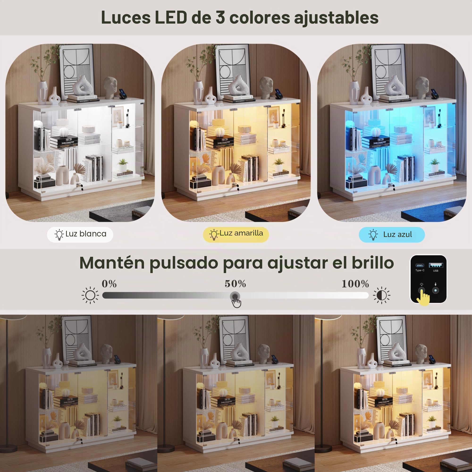Lvifur Vitrina de cristal con iluminación LED y puertas de cristal, armario de vitrina de cristal, gabinete con sensor inteligente, vitrina de madera de 3 capas, resistente al polvo para salón