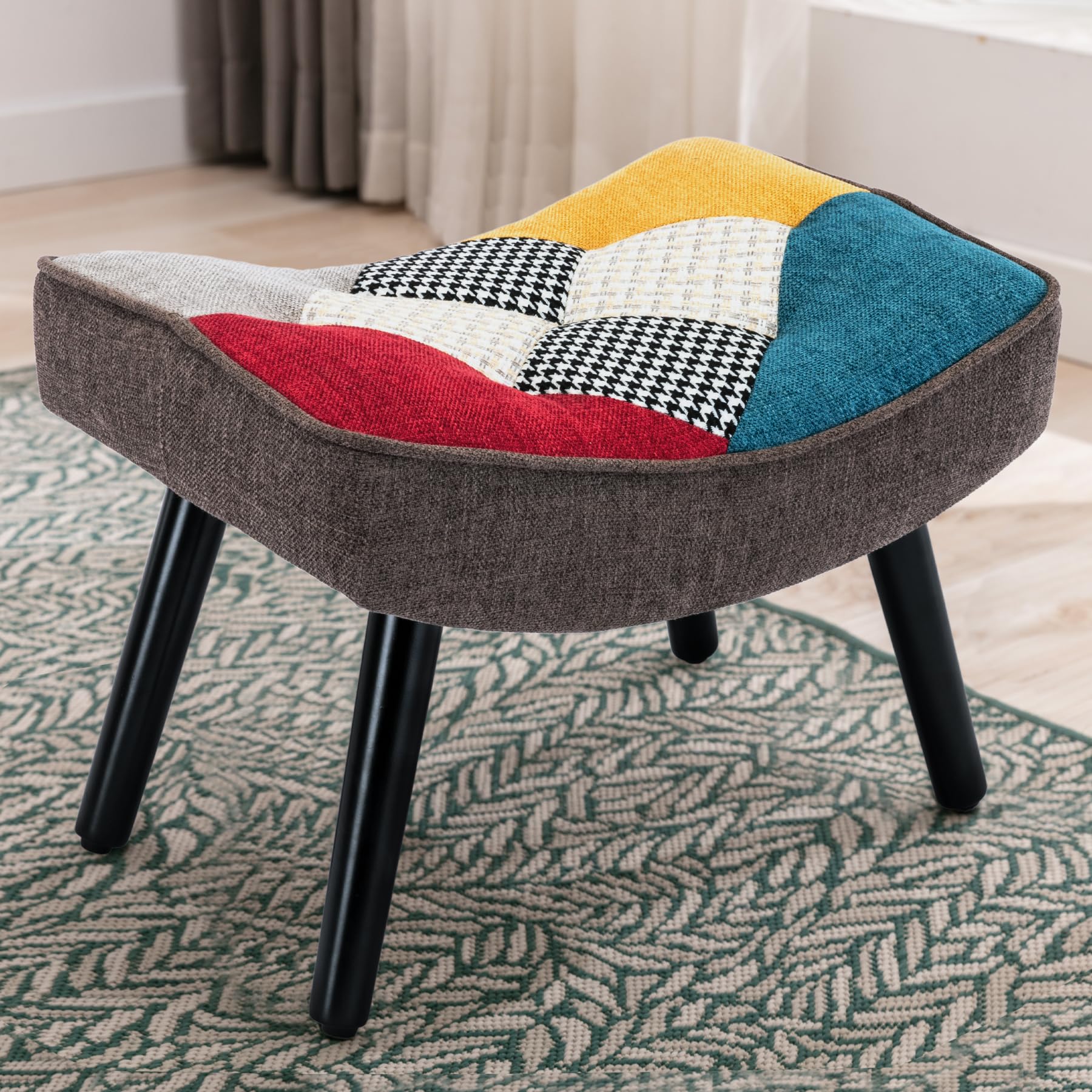 Poggiapiedi Ottomane Gambe in Legno Lino Patchwork Colorato Soggiorno Camera da Letto 41CMx51CMx37CM