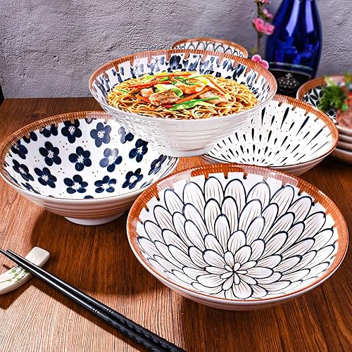 Miniatura 4 de Juego de 4 cuencos de cerámica japonesa, de aproximadamente 34 onzas, para fideos Pho Udon, sopa de miso, ensalada, arroz, vajilla para el hogar