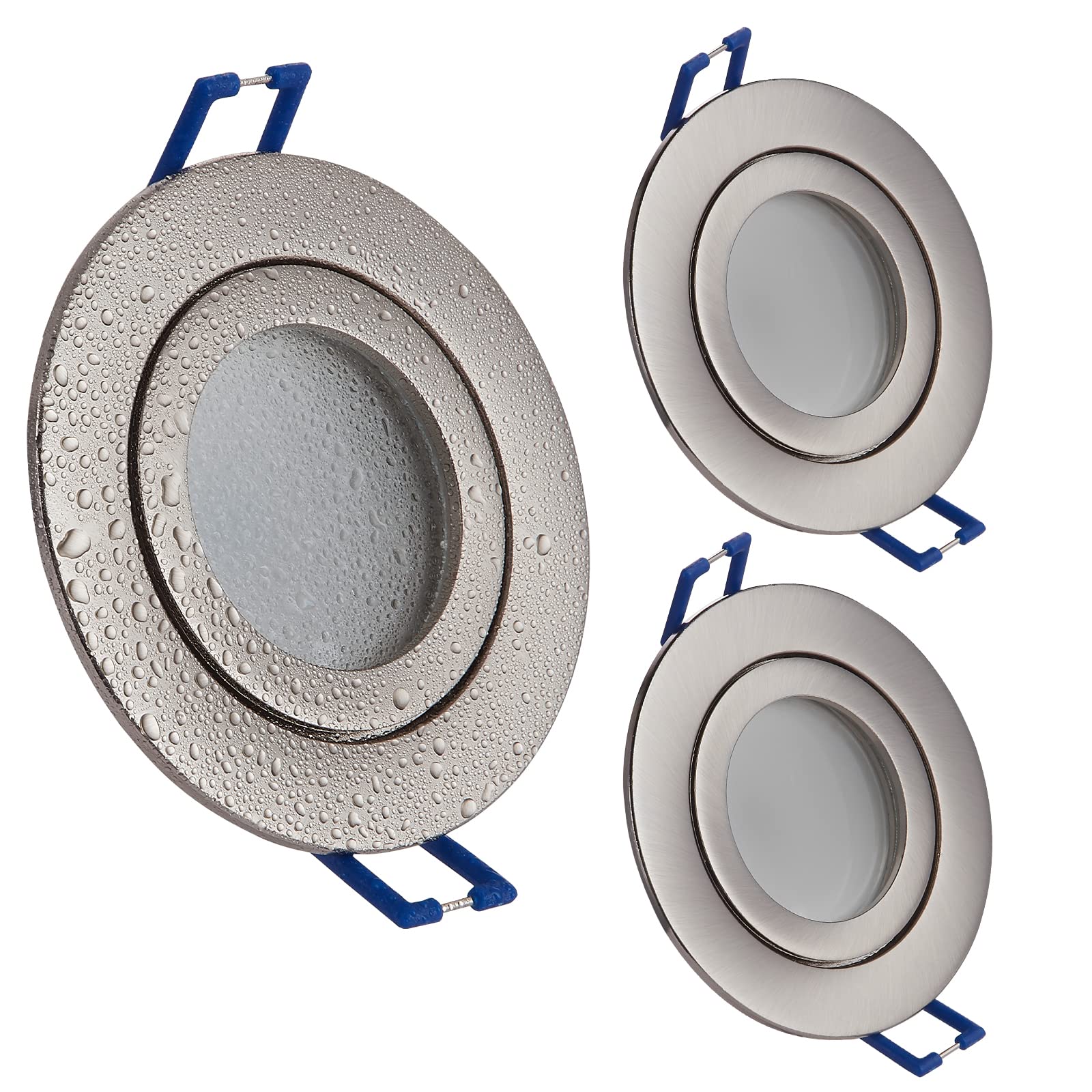 3x LED Einbaustrahler rund Edelstahl-gebürstet 5W warmweiß flach 230V – Einbauleuchte IP44 auch für Bad, Außenbereich – Bohrloch Ø65mm Badezimmer Decken-Spot Badeinbaustrahler