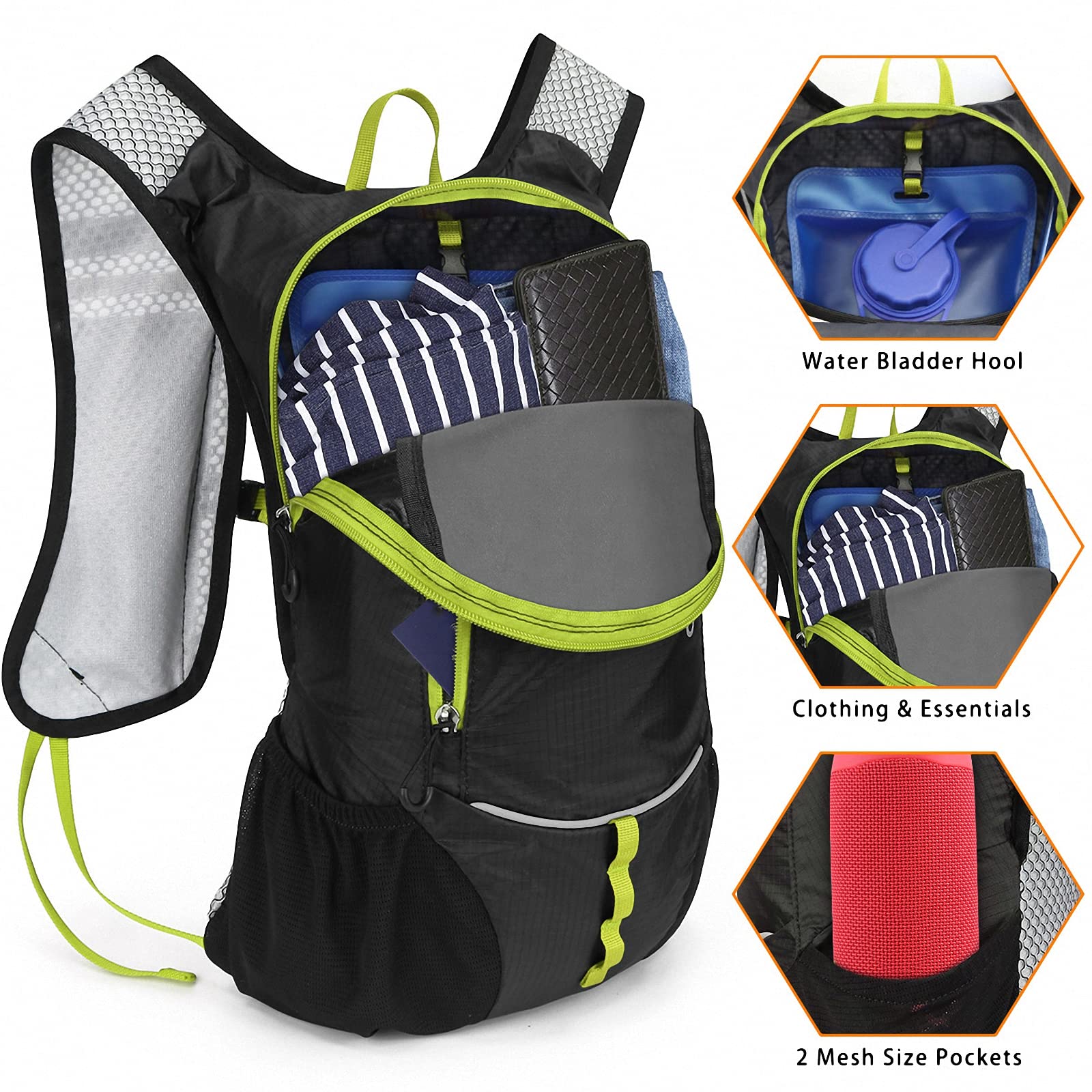Zaino idratazione da Escursionismo in Bicicletta con Sacca d'Acqua da 2 Litri, Ultraleggero Impermeabile per Sport all'Aria Aperta Zainetto da Campeggio Jogging Camminata