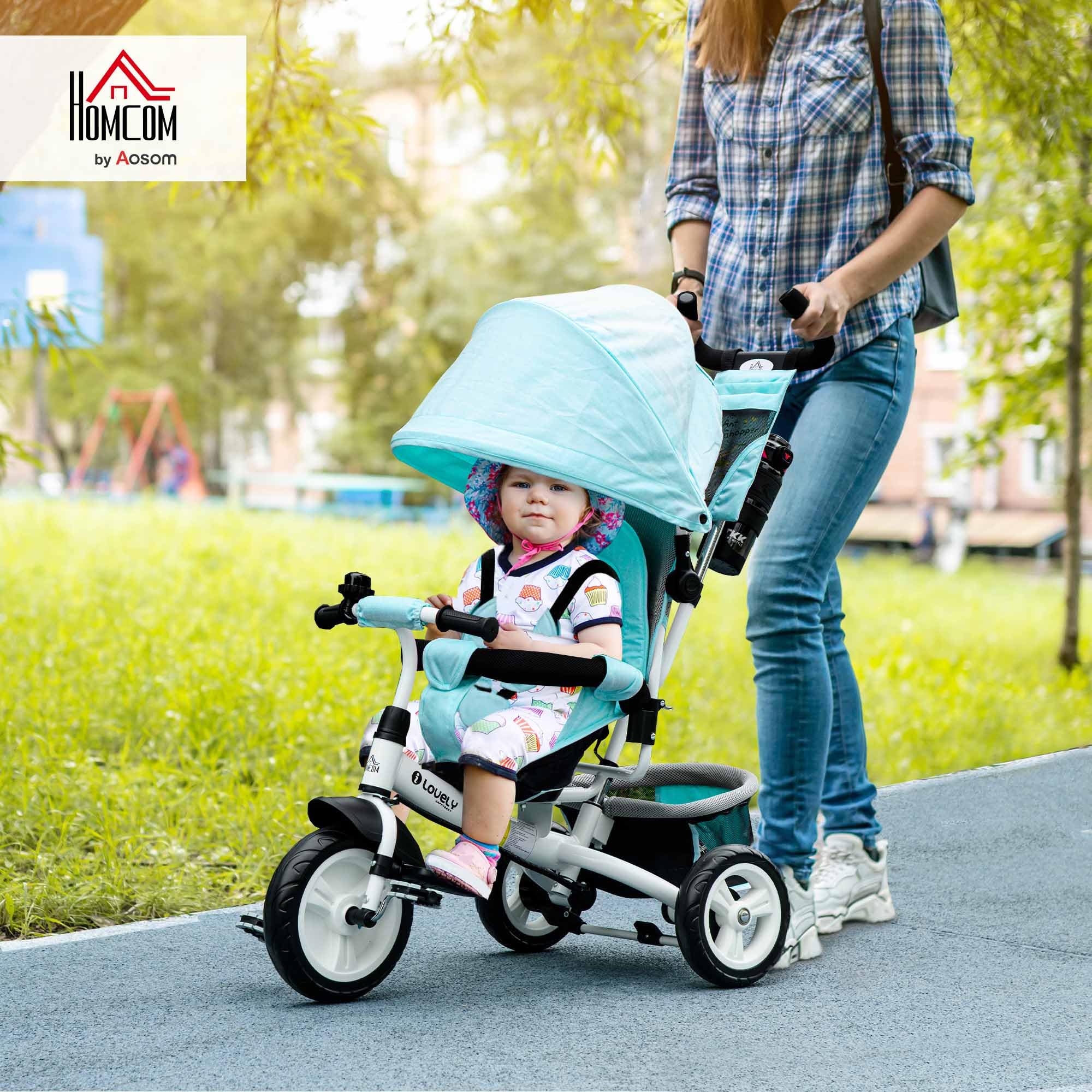 HOMCOM Triciclo 6 in 1 con maniglione, triciclo per bambini con capottina parasole rimovibile, cuscino, balance bike con imbracatura di sicurezza a 5 punti, cestino, portabicchieri, per bambini da 1 a