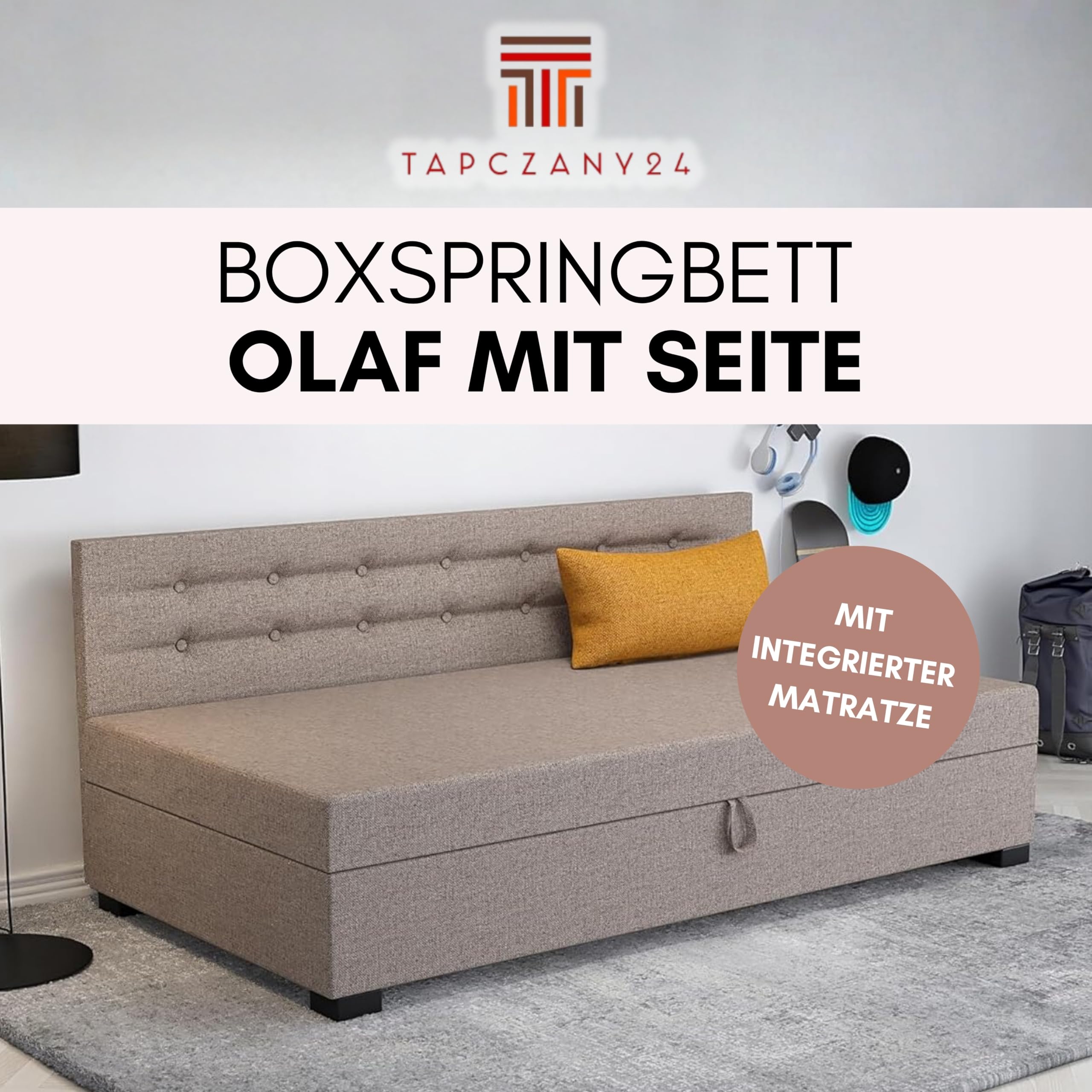 Boxspringbett Olaf mit Seite 93x195x42 cm mit Taschenfederkern Matratze, Bett mit Matratze, Polsterbett mit Bettkasten, Gepolstertes Einzel Bett, Schlafsofa - Stahlgrau mit braunen