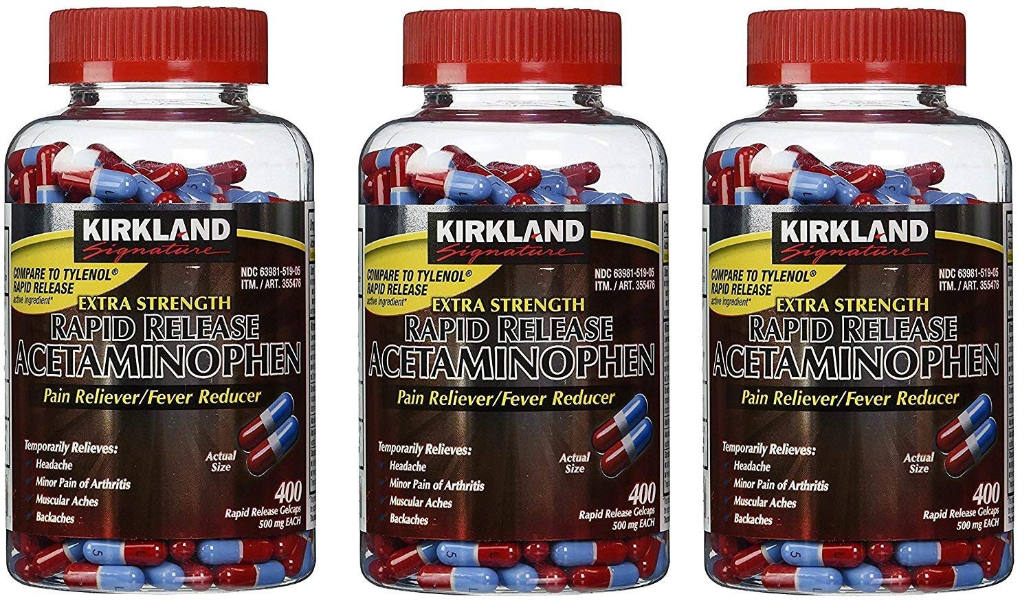 Kirkland Signature irlbGe Acetaminophen Extra Strength 500mg Rapid Release Gelcap, 400 Count (3 Pack