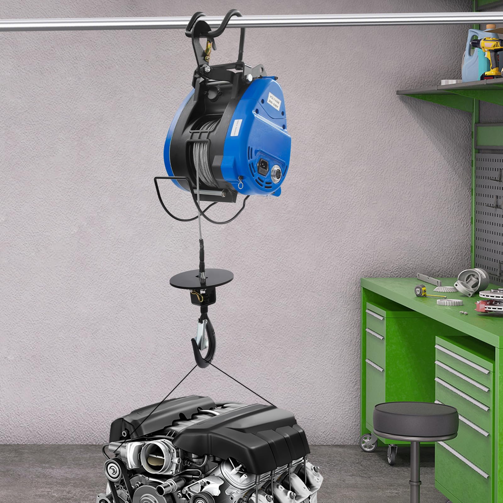 Verricello elettrico da 250 kg, 1500 W, con telecomando da 100 m e controllo via cavo, cavo in acciaio anti-rotazione da 30 m, verricello elettrico per officina, garage, magazzino, blu