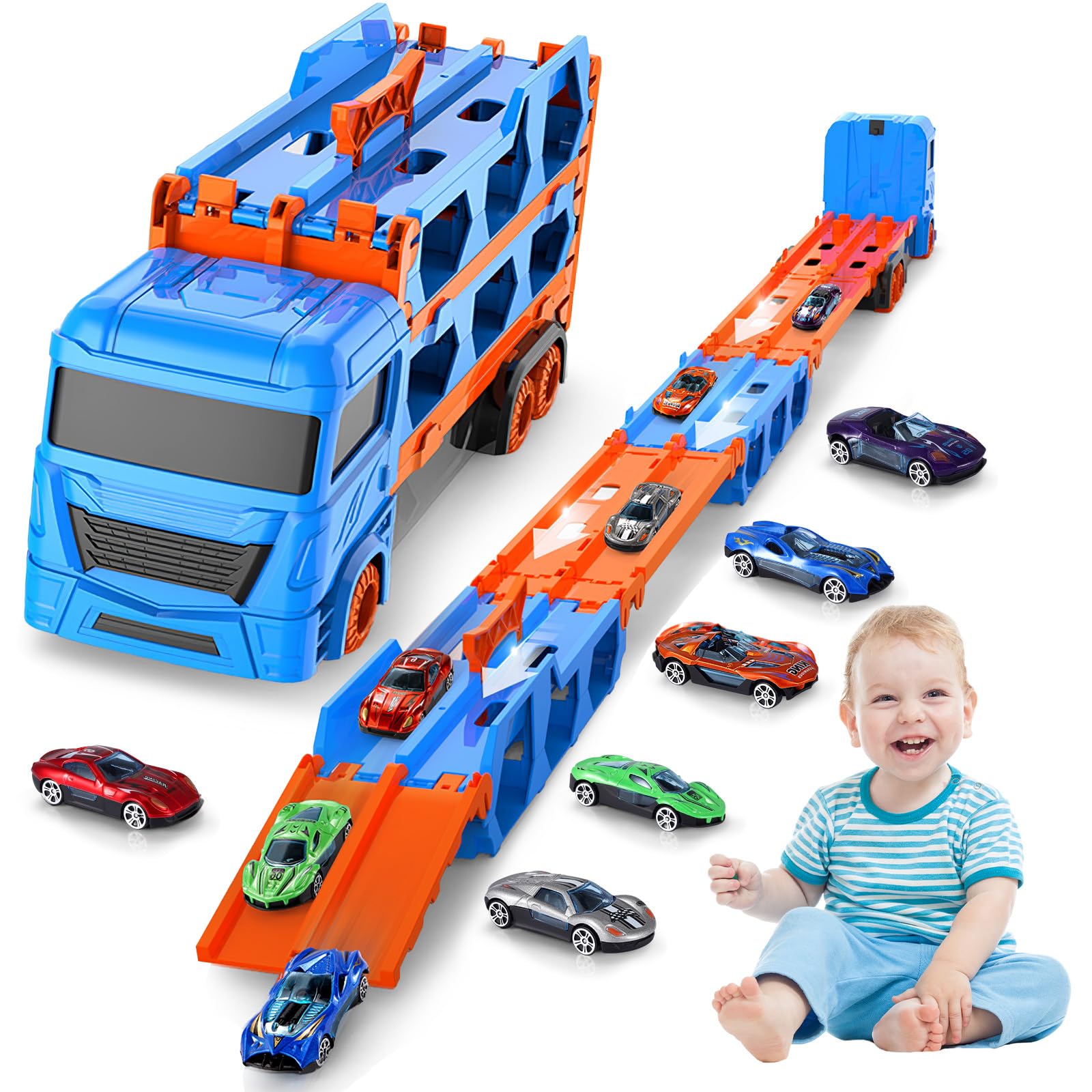 QCXWCJWD Camiones de Juguete para Niños, Transporte Truck Coche de Juguete con 12 Coches de Aleación y 2 Lanzadores, Camion Juguetes para Niños 3, 4, 5, 6 Años