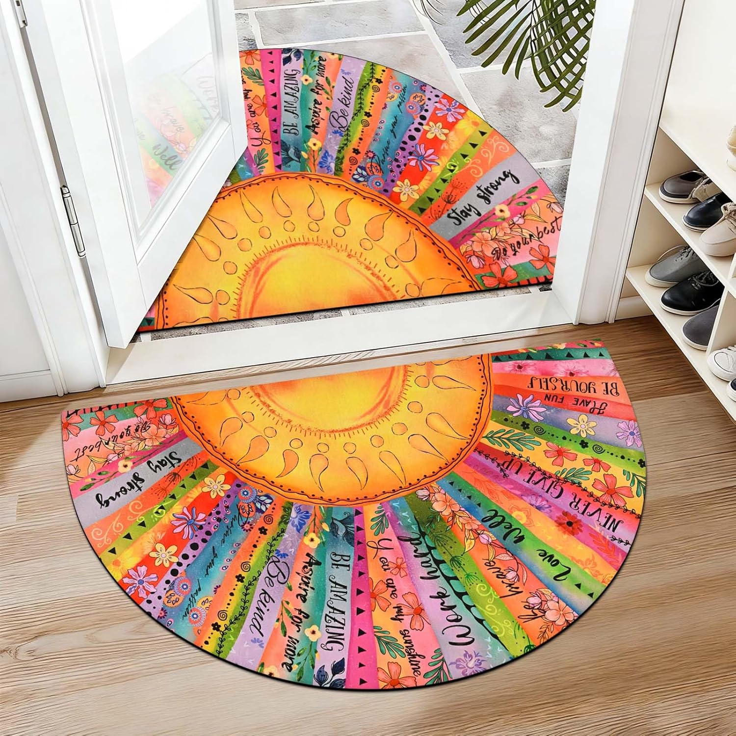 Likiyol Sun Door Mat Outside Entrance, Inspirational Quotes Welcome Mat Half Circle Front Door Mats, Colorful Floral Non Slip Boho Doormat Outdoor Indoor Entrance, Low Profile, Absorbent, 24" x 36"