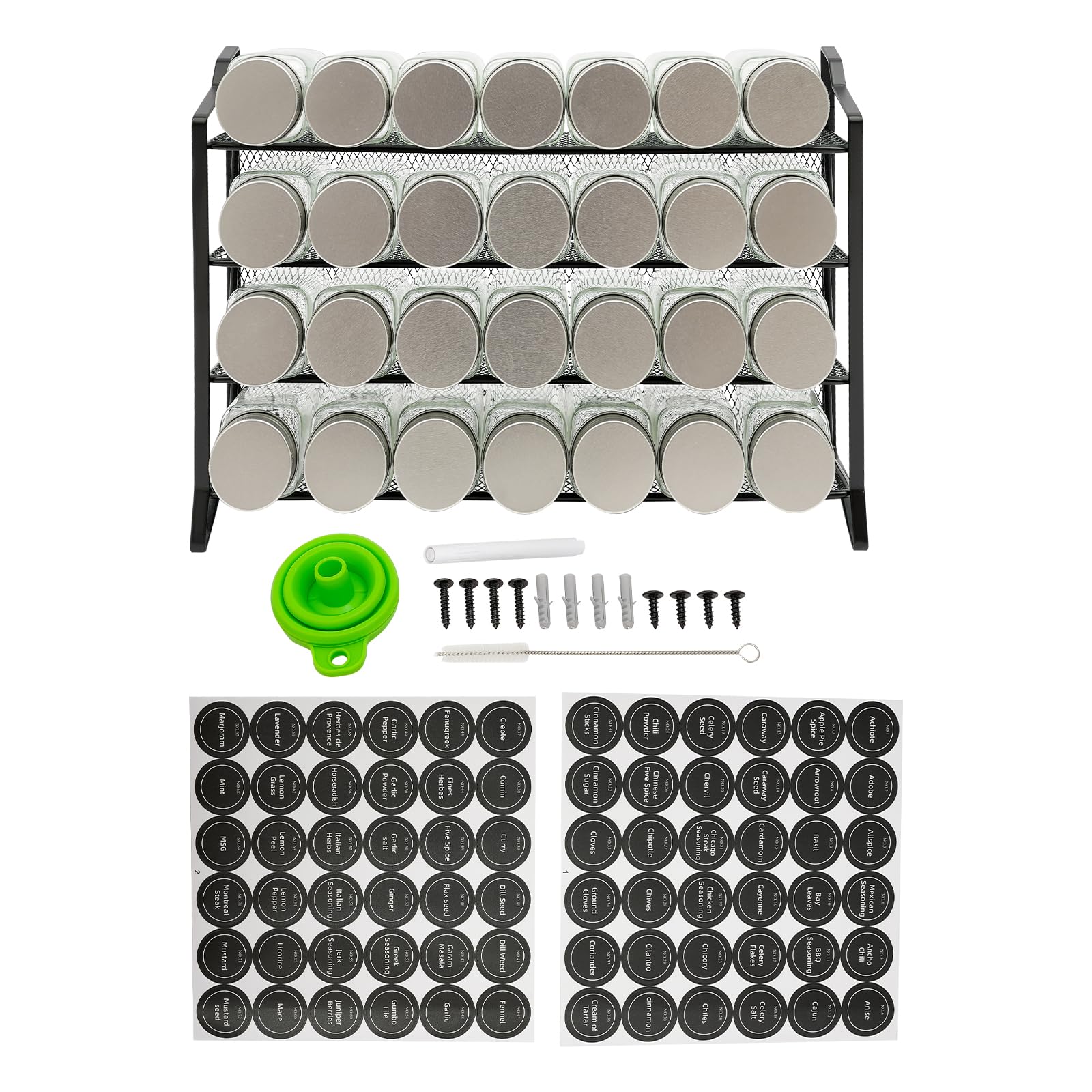 Portaspezie a 4 ripiani con 28 barattoli vuoti in vetro e 180 etichette per spezie, per cucina, armadio, dispensa, armadio, 34,5 x 10 x 23,5 cm, nero
