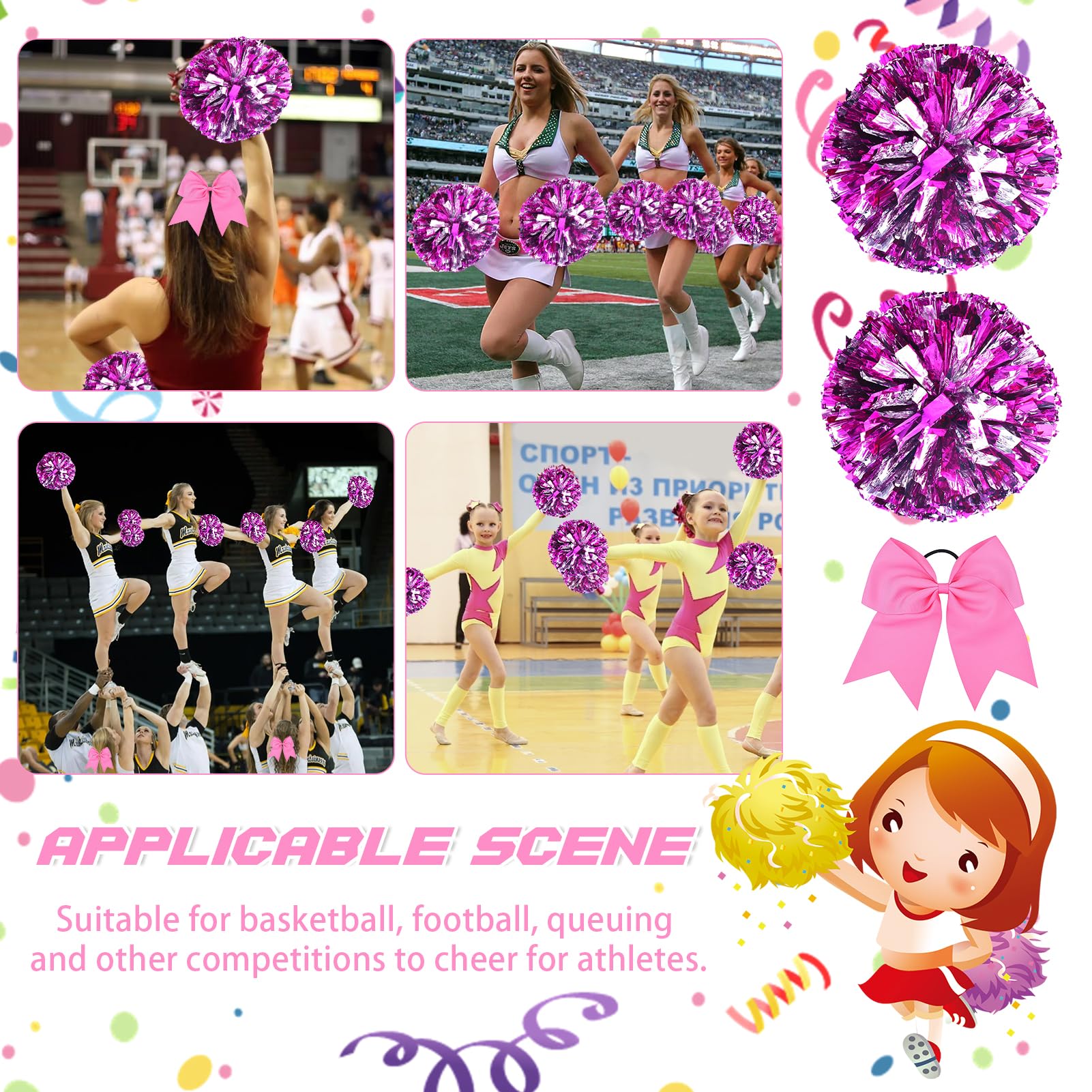 Meanju 3 Piezas Pompoms Animadoras, Pompones de Animadora con Asas, Pompones Animadora Rosa, Cheerleader Pompom para Deportes Team Spirit Cheering Reemplazo para Fiestas Pompones Deportivos — view 7
