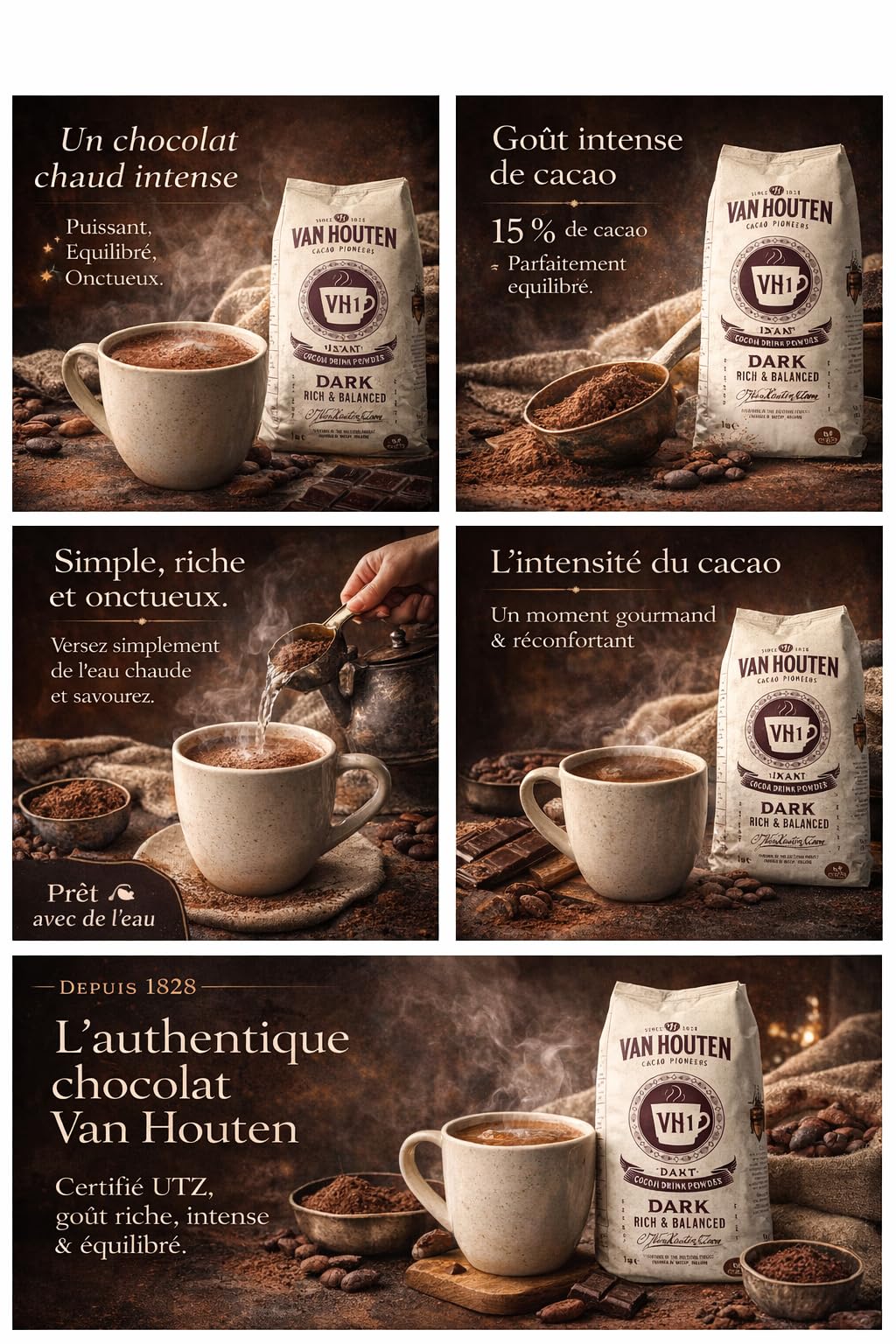 Chocolat en poudre instantané Van Houten VH1 Dark – 1 kg – Goût intense & équilibré – Boisson chocolatée onctueuse – Jusqu’à 50 tasses