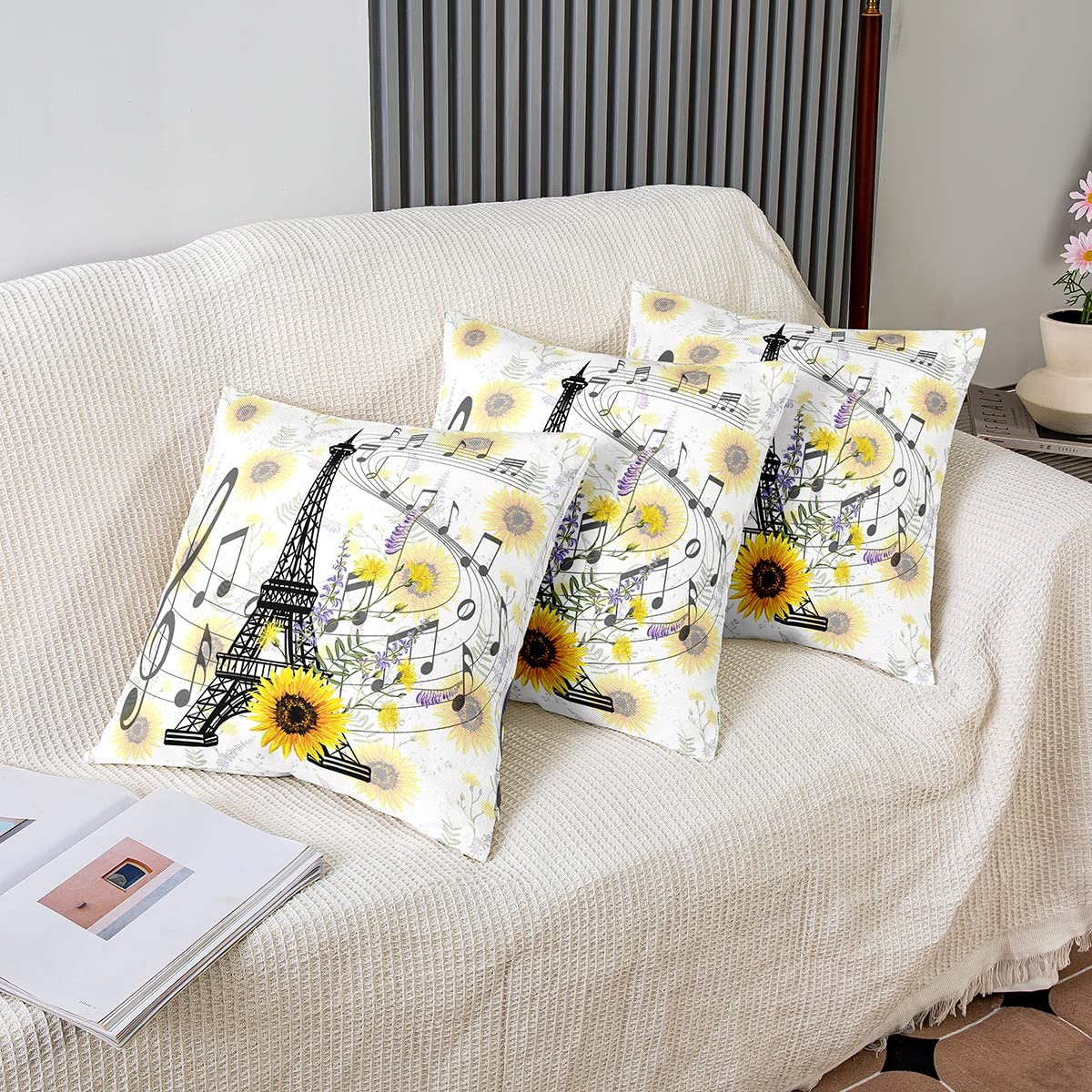 Loussiesd Eiffel Tower Throw Pillow Covers for Sofa Bed Set of 2 Sunflowers Paris Decorative Pillows Cushion Covers Paris Decor Yellow Floral Flower Print Pillow Inserts Not Included 18x18 Inch - Image 4