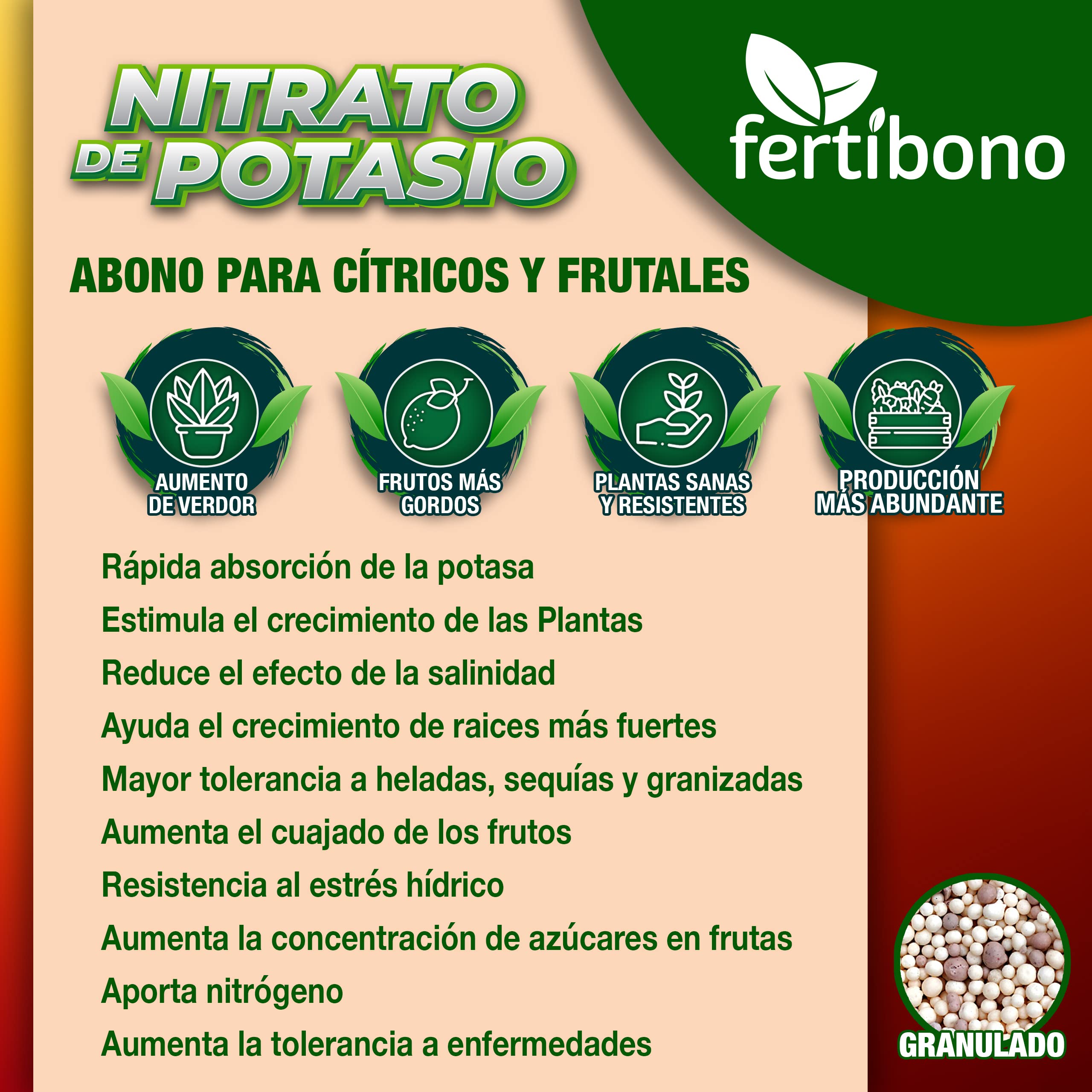 FERTIBONO Nitrato de potasio,Puro (KNO3) 13-00-46, Aumenta el Tamaño y la Calidad de la Fruta, los Azúcares y el Rendimiento de los Cítricos (700 Kg)
