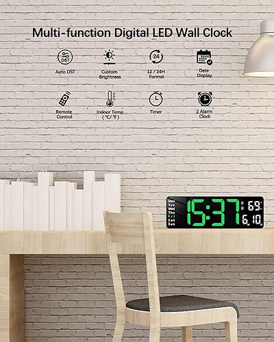 Vista 27 de JoFomp Reloj de pared digital – Pantalla LED grande de 13 pulgadas, alarma fuerte, control remoto, DST, atenuación automática, fecha y día