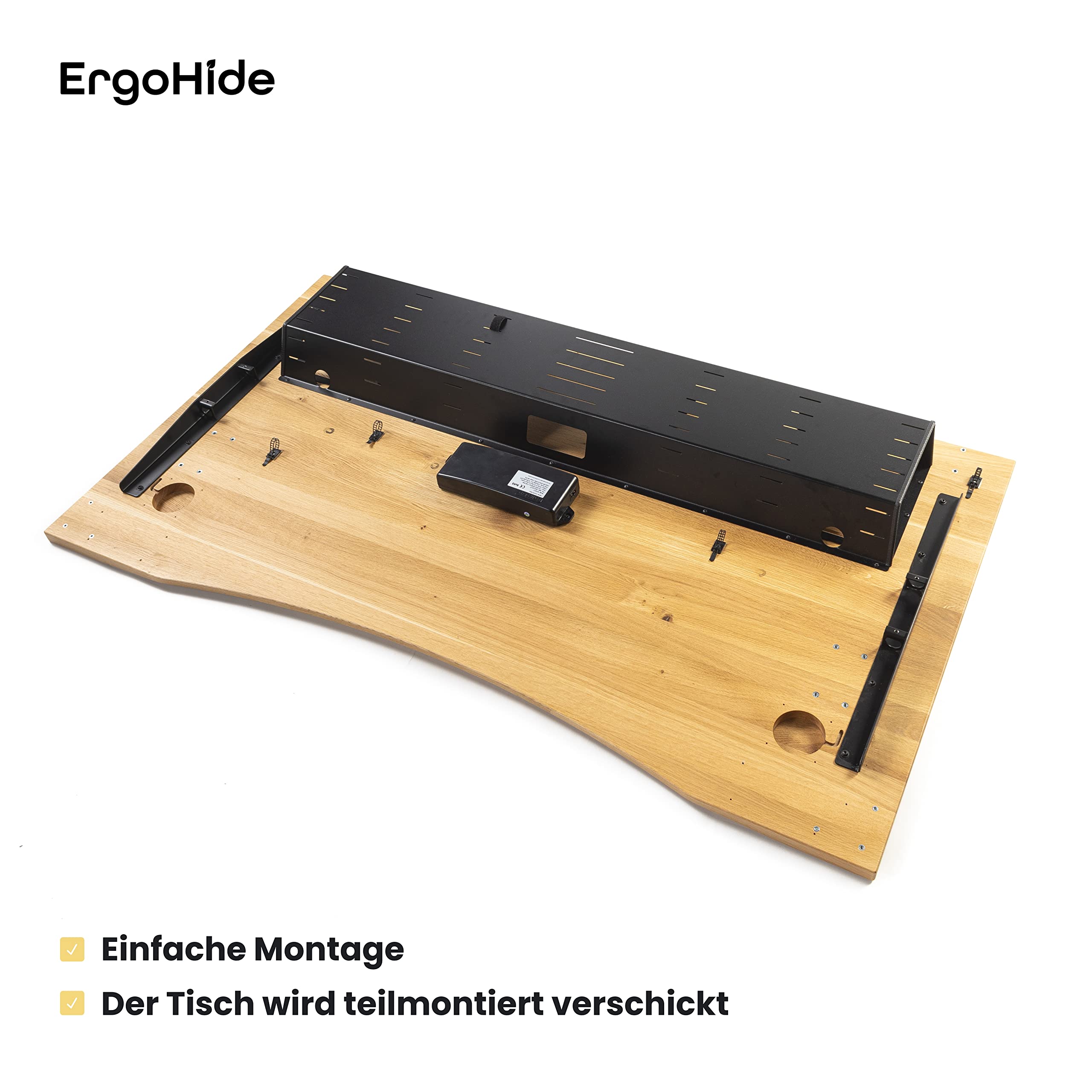 ErgoHide® Höhenverstellbarer Schreibtisch aus Massivholz mit erweitertem Kabelmanagement/Kabelkanal (Eiche, Schwarz, Ergonomisch, 150x80cm)