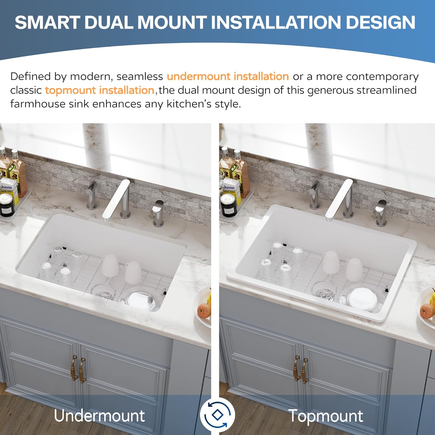 27 White Undermount Kitchen Sink, Hugsleek Topmount & Undermount Kitchen Sink 27x19 inch White Porcelain Ceramic Fireclay Sinks Dual Mount Accessories Single Bowl Under Counter Sinks Basin Drop In