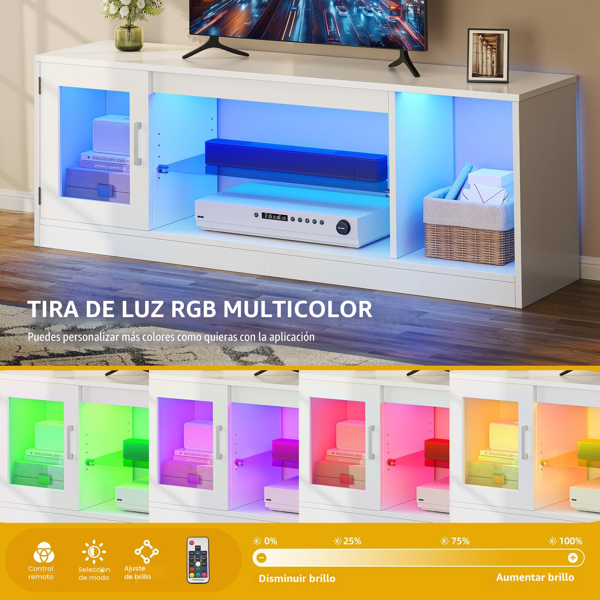 DWVO 148 cm Mueble de TV con Iluminación LED RGB 22 Modos para Televisores hasta 65 Pulgadas Mueble de Salón con Estantes de Cristal Regulables Ideal para Sala de Estar y Dormitorio