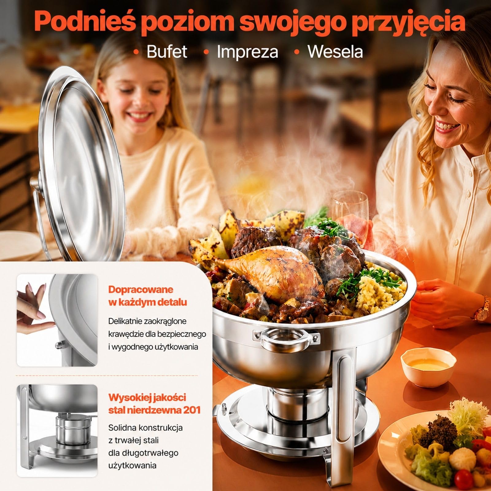 Zestaw podgrzewaczy cateringowych, 2 sztuki, okrągłe naczynia ze stali nierdzewnej 4,7 l, srebrne, z pokrywką, uchwytem na paliwo i miską na wodę