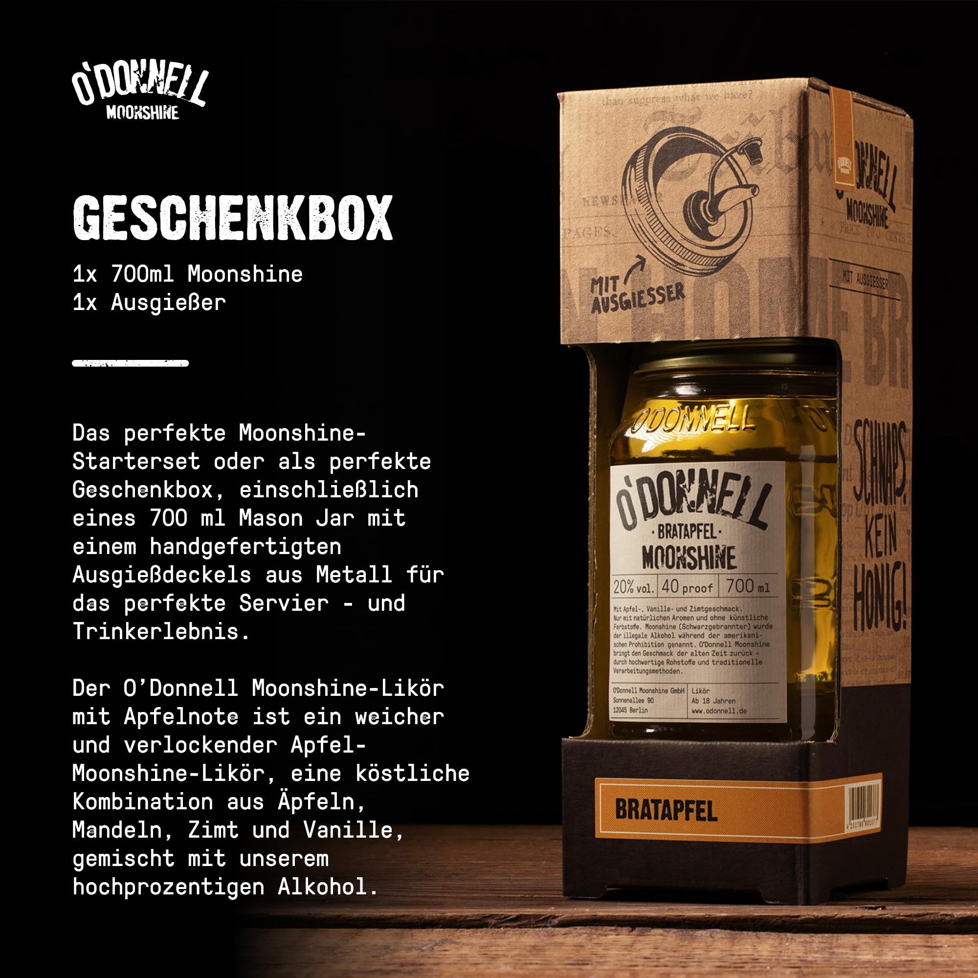 O’Donnell Moonshine Bratapfel Likör (700ml) + Ausgießer – Apfellikör mit Mandel, Zimt & Vanille (fruchtig-frisch) ohne künstliche Aromen – 20% Alkohol im Original Mason Jar – Made in Berlin