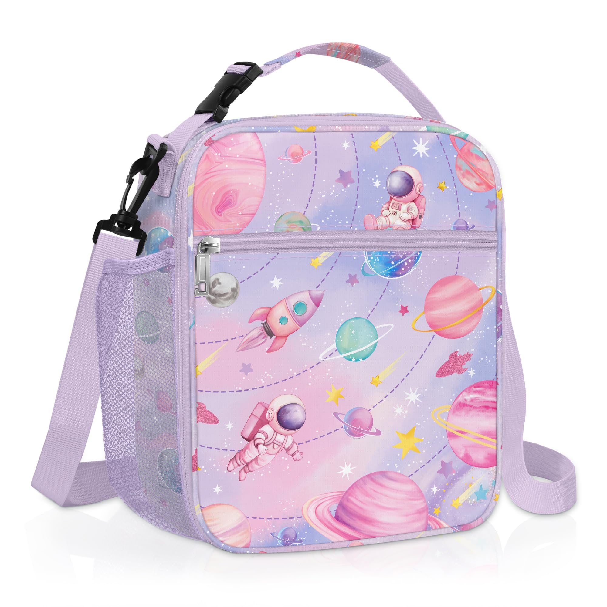 Clastyle Weltraum Isolierte Lunchtasche Kinder Klein Kühltasche Stern für Jungen Mädchen Wasserdichte Lunch Bag für Picknick Schulen, Rosa Planet