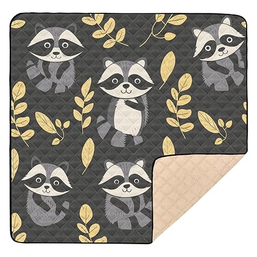 Raccoons Leaves Black Grey Large Non-Slip Baby Gym Play mat for Floor Non-Toxic Foldable Travel Play Mat for Baby Kids Toddlers Infants, 50'' x