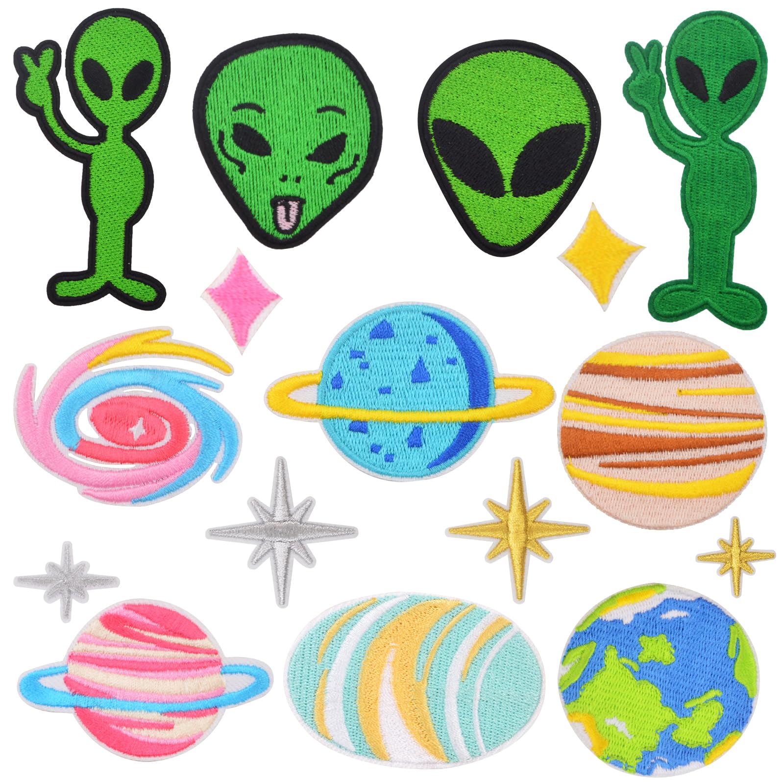 16PCS Solar System Space Patches - Funny Alien & Planet Iron-On/Sew-On Appliques for DIY Clothes, Hats, Jackets, Backpacks - Embroidered Repair