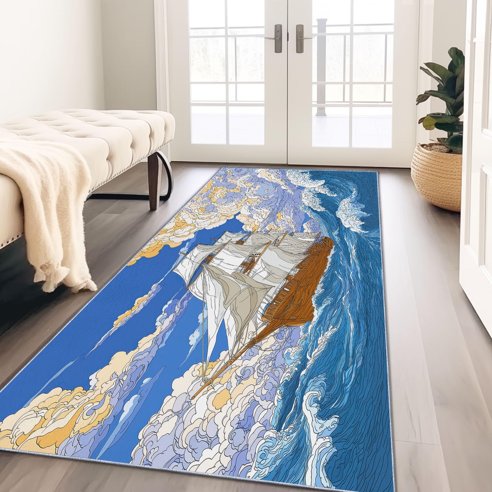 Tapis de Couloir 60x180cm Bleu Blanc Nuage Fleur Descente de Lit Lavable