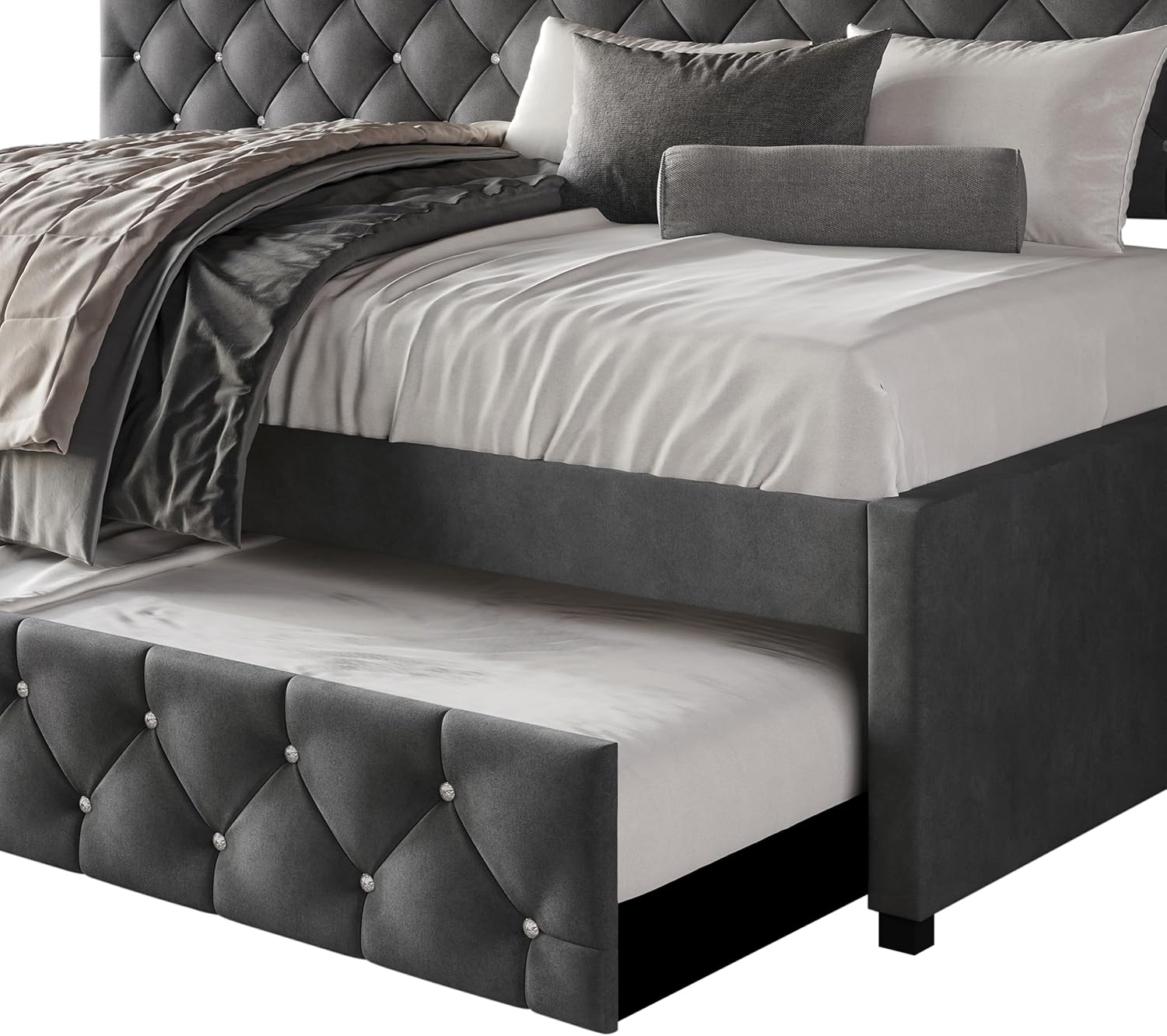 HOME DESIGN Darcey Velvet Upholstered Twin Daybed with Trundle, Tufted Guest Bed Frame, Modern Versatile Seating and Sleeping Solution – Dark Grey