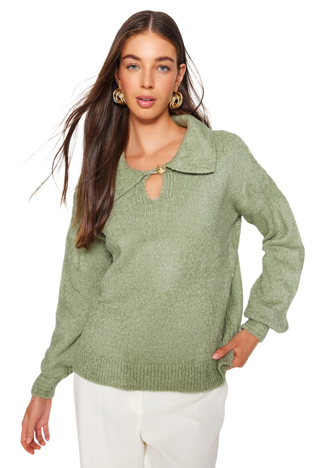 Trendyol Damen Oversize Basic Polo Neck Knitwear Sweater Pullover, Mint,