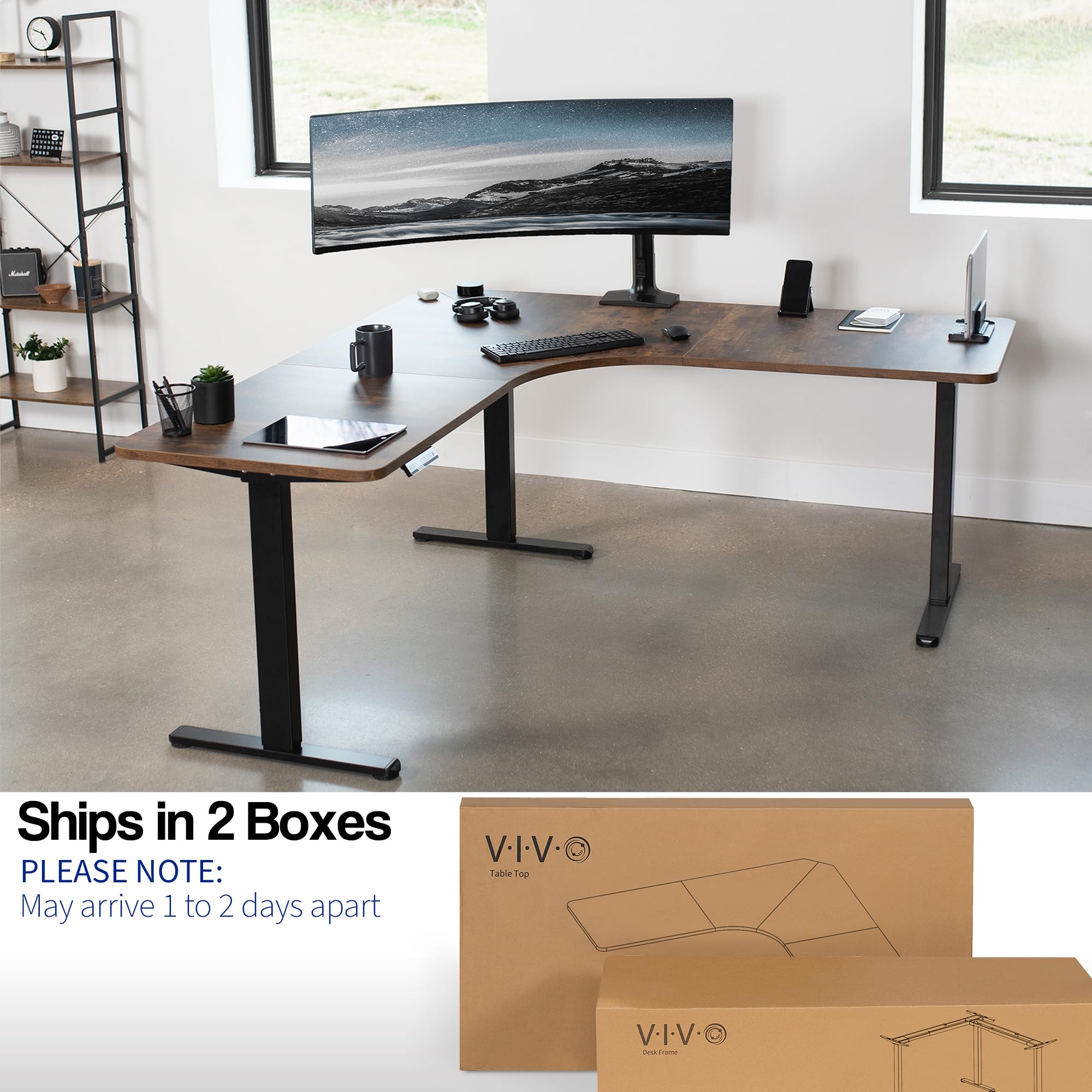 VIVO Electric Height Adjustable 71 x 71 inch Curved Corner Stand Up Desk Rustic Vintage Brown Table Top — view 4