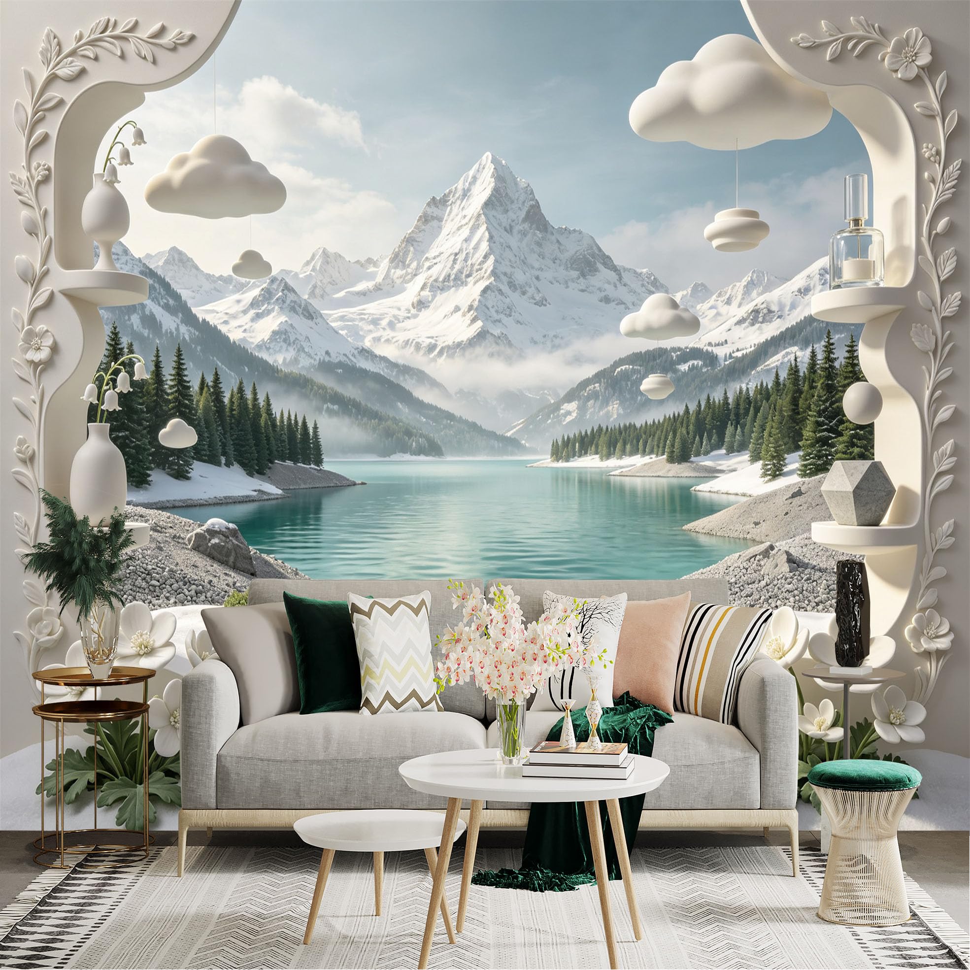 Lnzczhyre Bh260719354 Custom Size Wall Sticker Mural， Snowy Mountain Peak， Serene Alpine Lake， Floating Clouds， Elegant White Floral Frame， For Wall Decoration， Peelandstick Wall Decals.