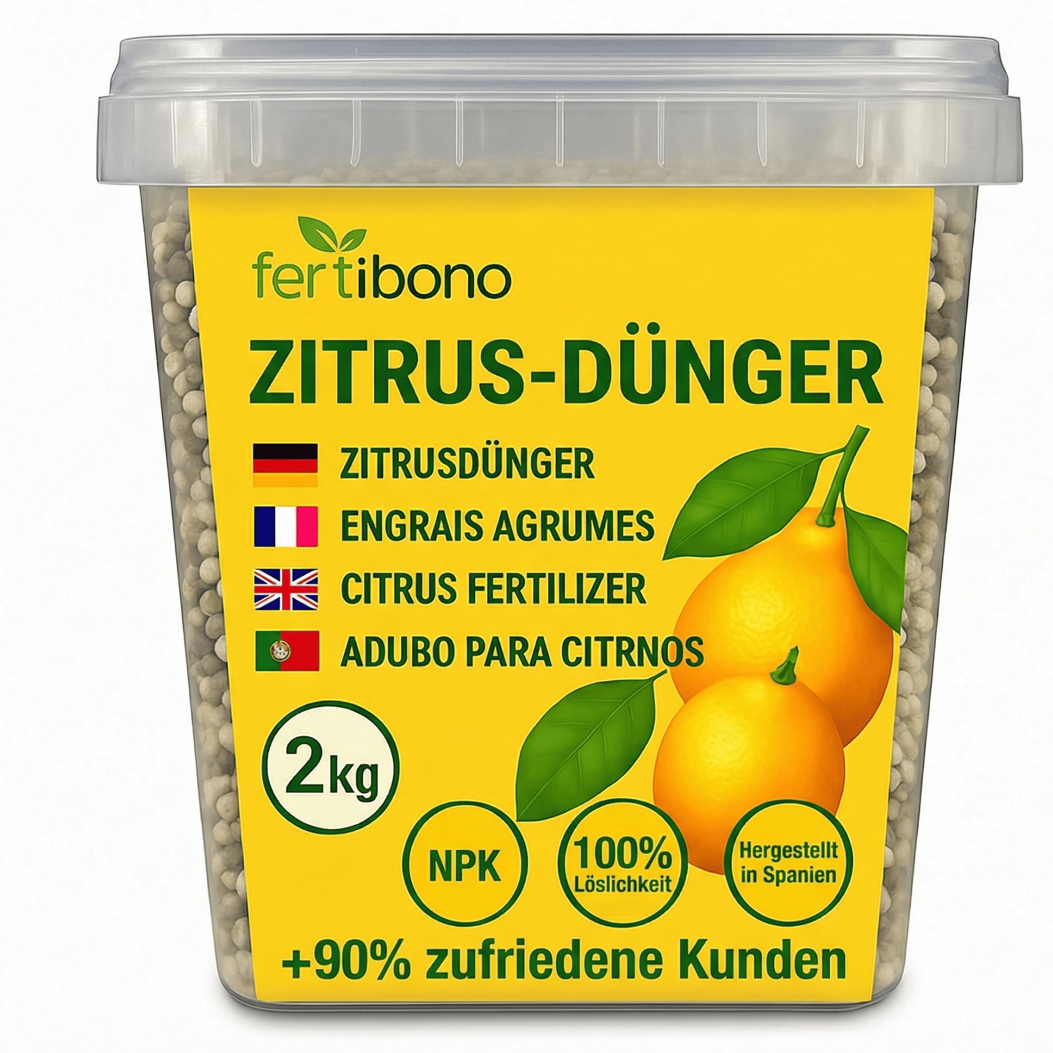 Zitrusdünger Granulat 2 kg | NPK 20-5-13 + Mg mit Eisen & Mangan – klare Jahresdosierung für Zitronenbaum & Zitruspflanzen | FERTIBONO