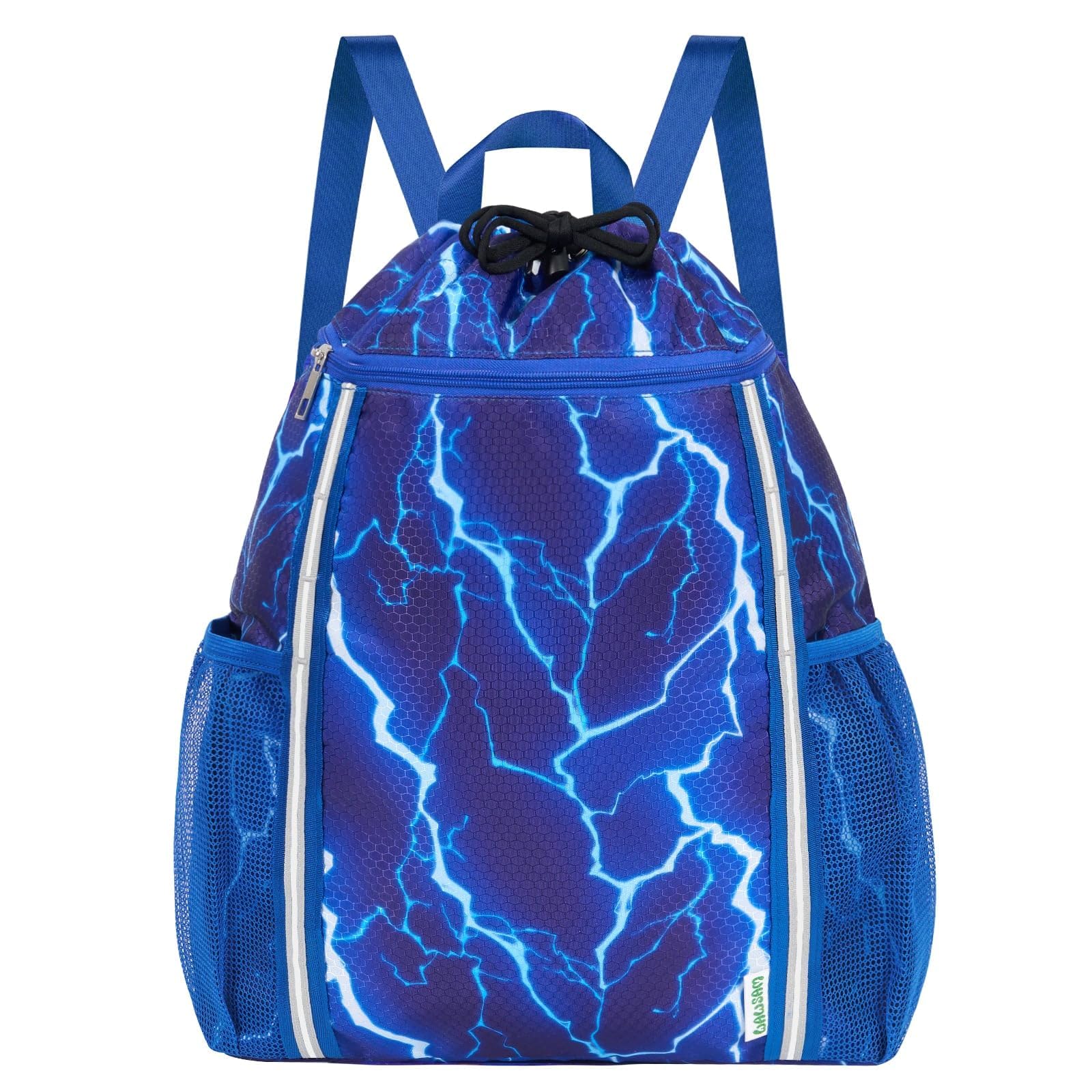 WAWSAM Drawstring Bags for Kids with Reflective Strip, Lightning Gym Bag for Boys, Waterproof Swim Bag for Swimming Beach String Cinch Backpack with Two Mesh Water Bottle Pocket