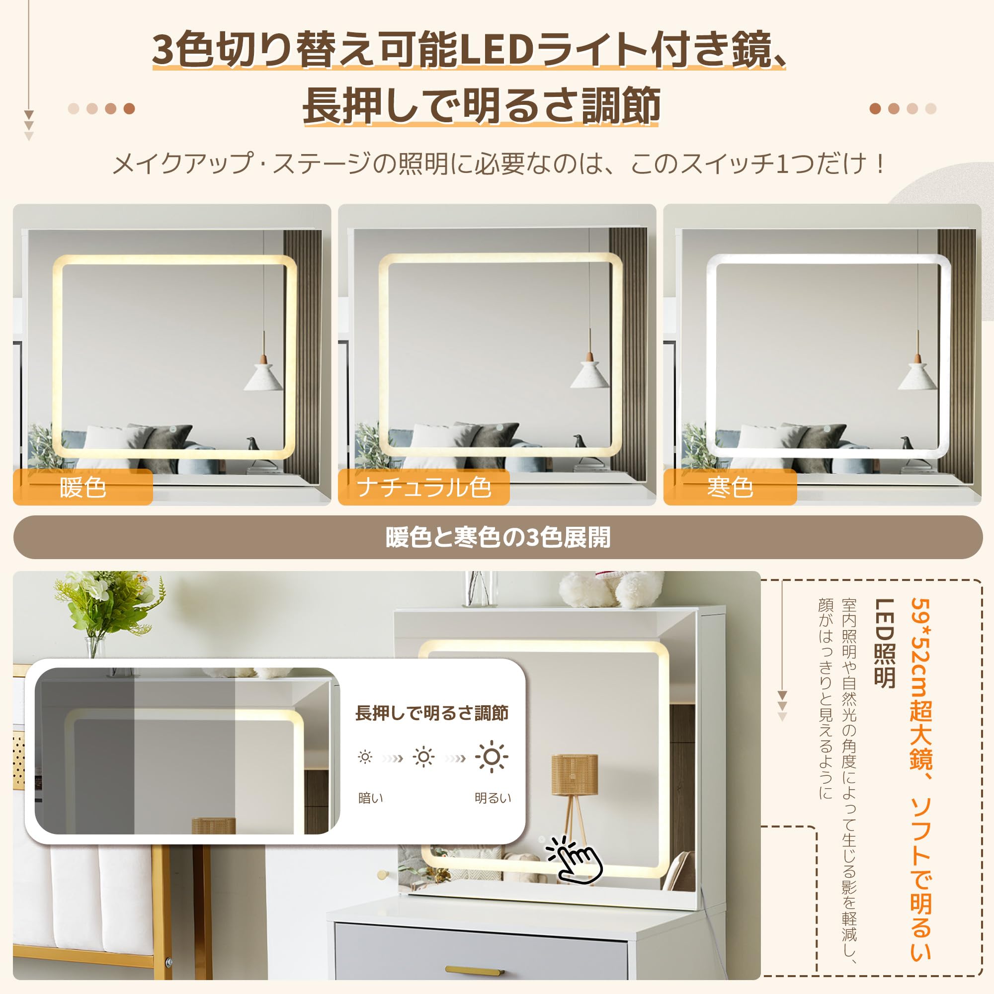 Amazon｜ドレッサー化粧台 鏡 ドレッサー 白 テーブル 移動可能 鏡台