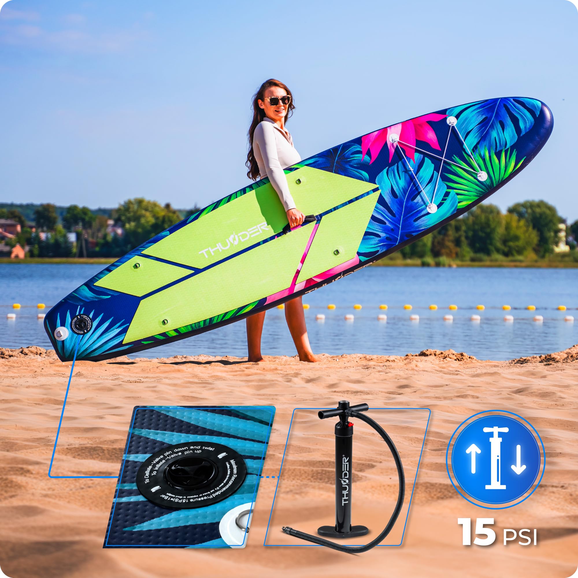 THUNDER Tabla de Sup Inflable de 320 cm con Asiento de Kayak – Set de Stand Up Paddle Board con Bomba, Remo y Mochila – Antideslizante para Adultos y Principiantes