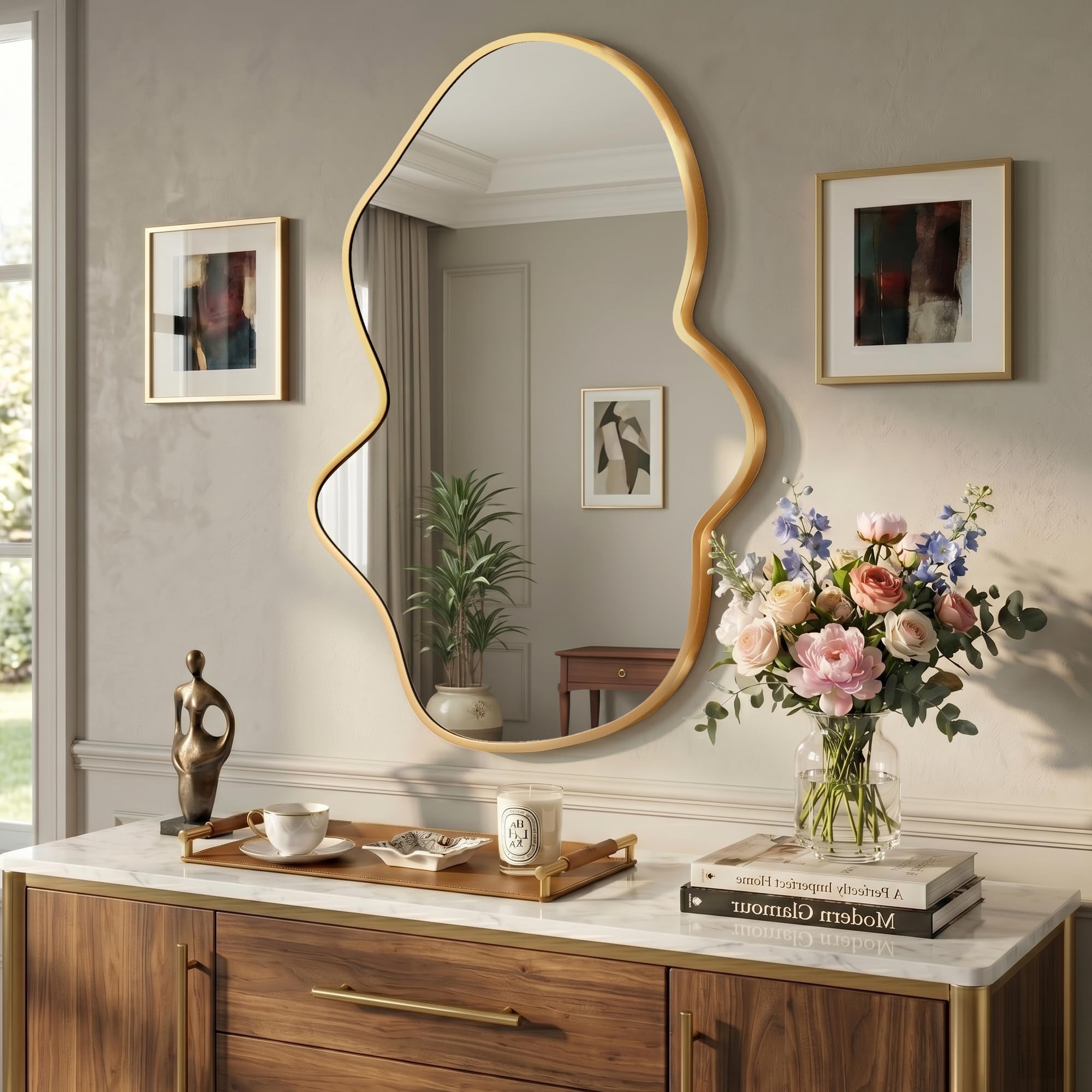 Specchio Da Parete Ondulato, Specchio Irregolare con Cornice In Metallo per Bagno, Camera Da Letto & Ingresso, Specchio Decorativo Asimmetrico con Vetro Temperato