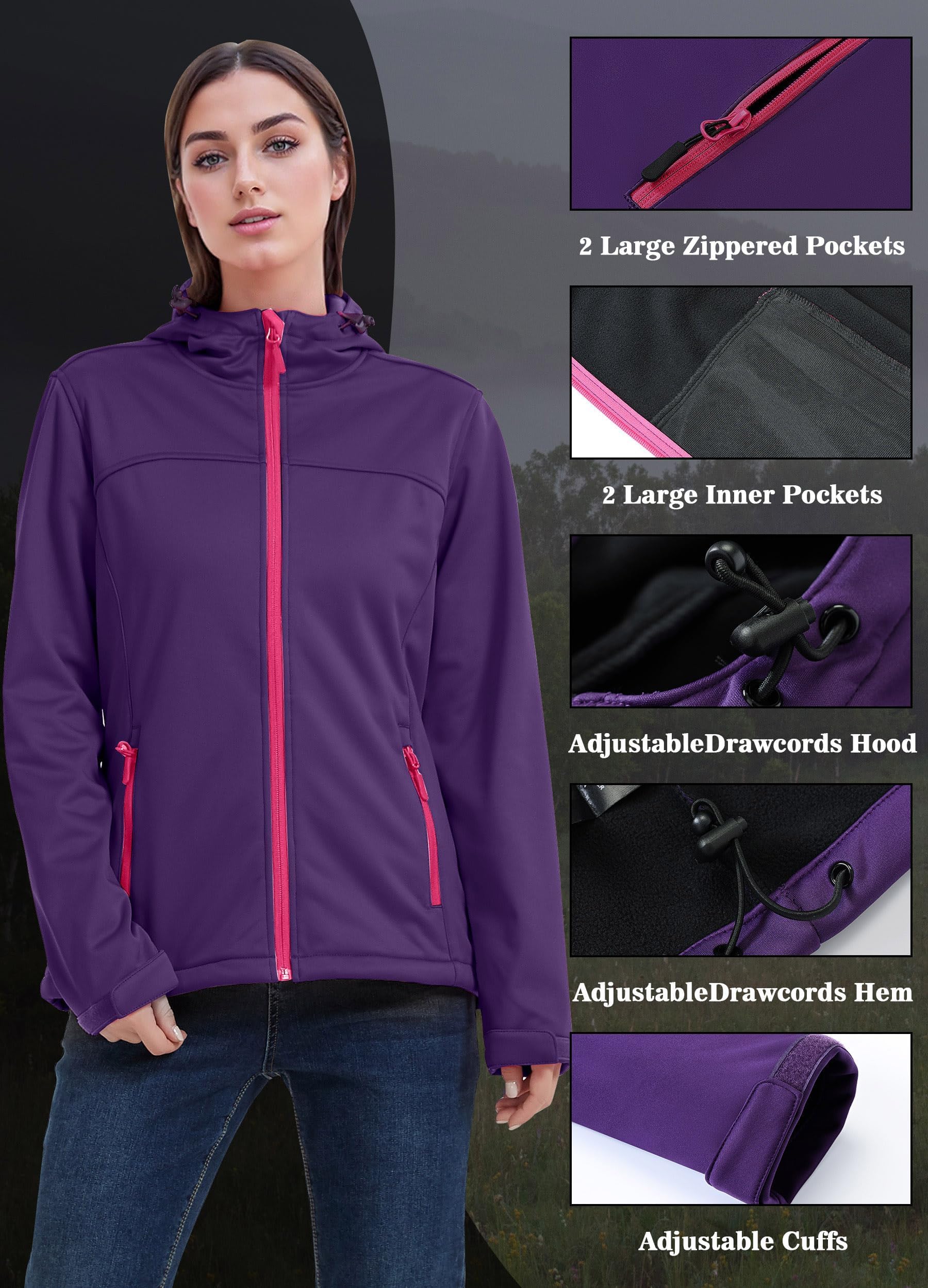ATLASLAVA Damen Softshelljacke Wasserdichte Atmungsaktive Leichte Fleece Kapuze Übergangsjacke Laufen Wanderjacke S-XXL