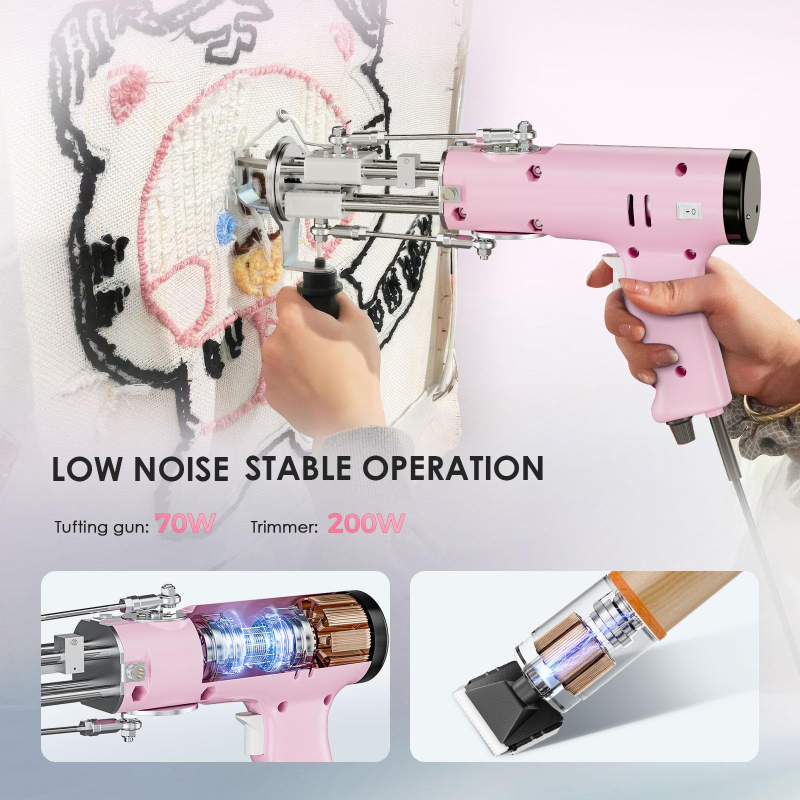 Kompletny Zestaw Startowy Pistolet Tufting - Wysoka Prędkość, Pistolet Dywanowy 2-w-1 Cięcie & Pętla + Rama + Trymer + 12 Włókien + Tkanina Tufting, 5-40 Ściegów/Sec, Początkujący