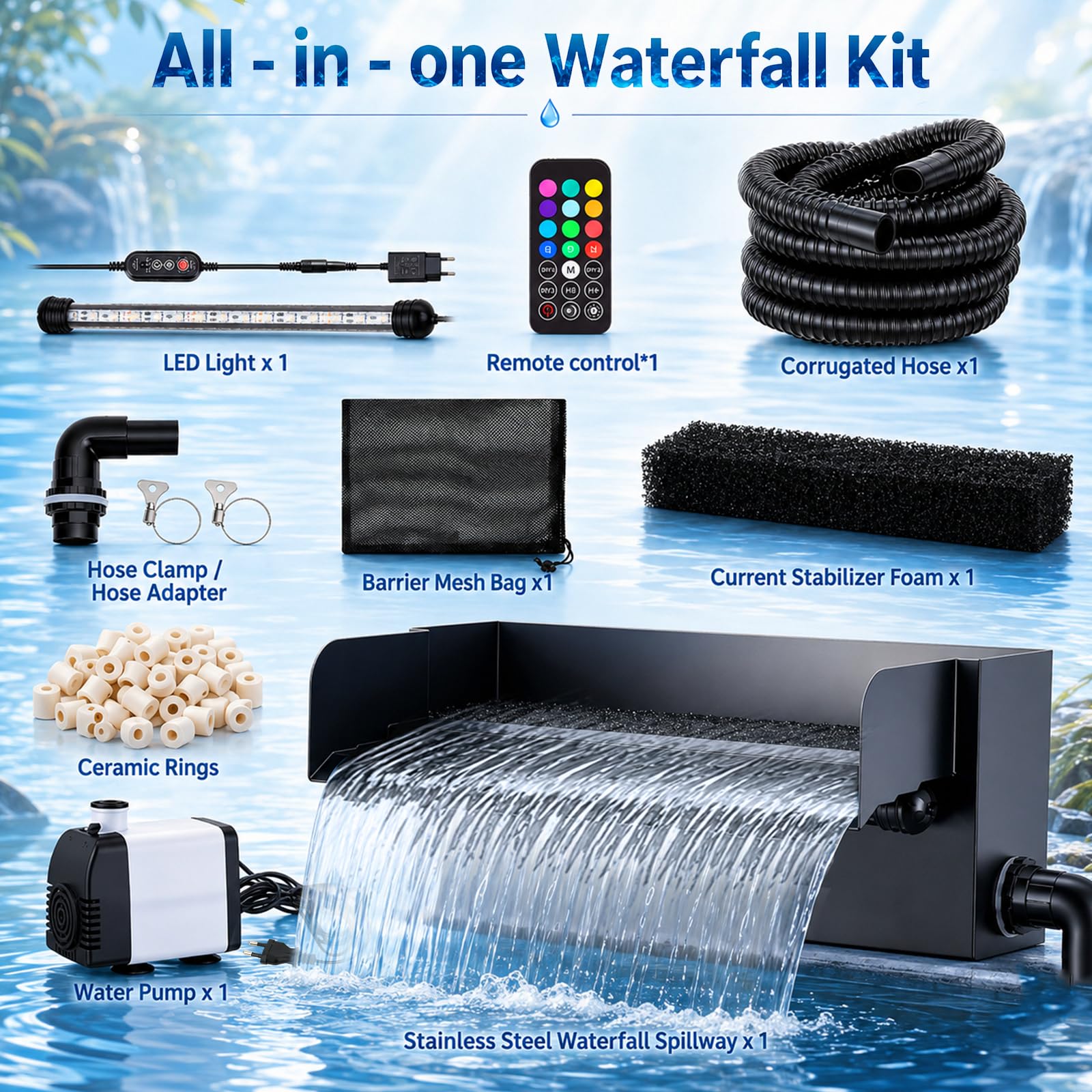 30 cm Wasserfall teich Set, mit 45w 2000L/H Wasserfallpumpe & Filterkäfig, Edelstahl-Wasserfall mit LED-Leuchten in 13 Farben, Außen-Wasserspiel für Außengartenteiche und Hinterhof-Wasserspiele