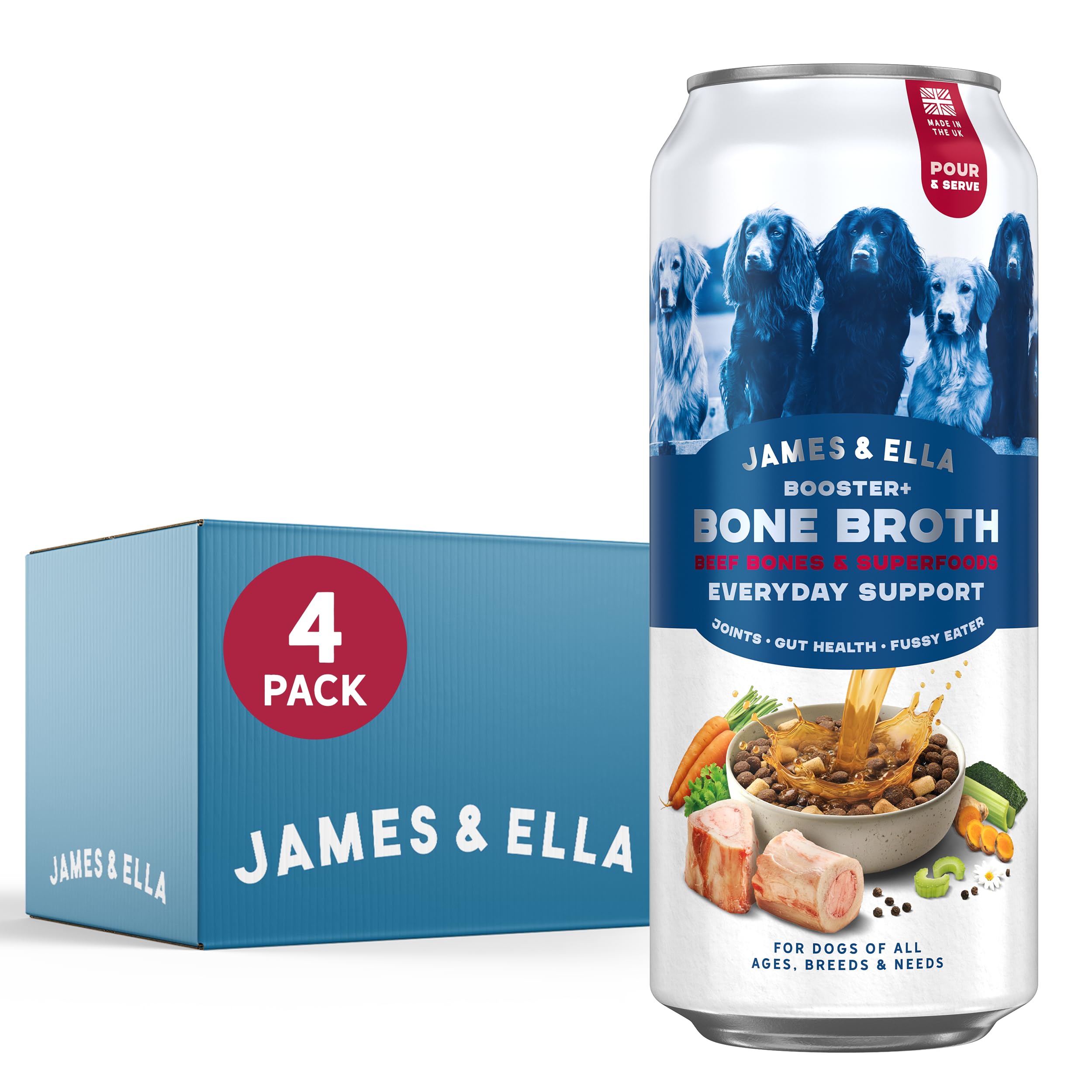 James & Ella Beef Bone Broth for Dogs (4 x 450ml) Hydration & Healthy Joint Support | Human Grade Ingredients, Natural Bone Marrow | Collagen & Anti-Inflammatory with added Turmeric | Easy Pour Cans