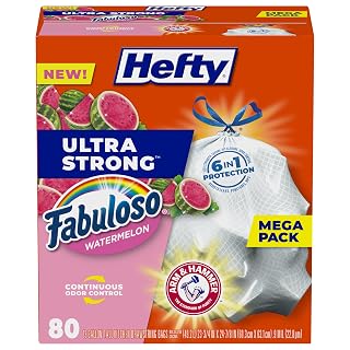 Hefty Ultra Strong 13 Gallon Trash Bags, Tall Kitchen Trash Bags 13 Gallon Size, Resist Leaks, Punctures, and Rips, Continuous Odor Control, White, Fabuloso Watermelon Scent, 80 Bags - Amazon product rated Grade A
