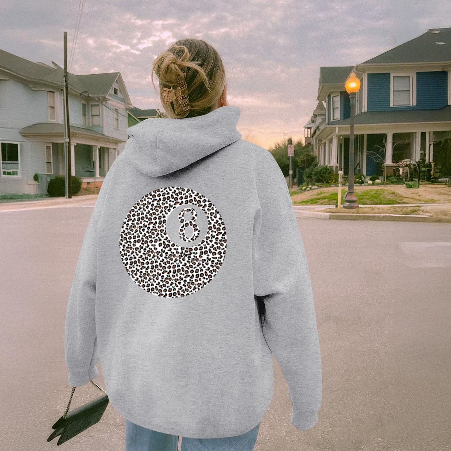 8 Ball Graphic Hoodie Leopard Print Sweatshirts Oversized Hoodies for Women Y2k Vintage Sweatshirt Trendy Pullover(Gray,2XL) - Image 2