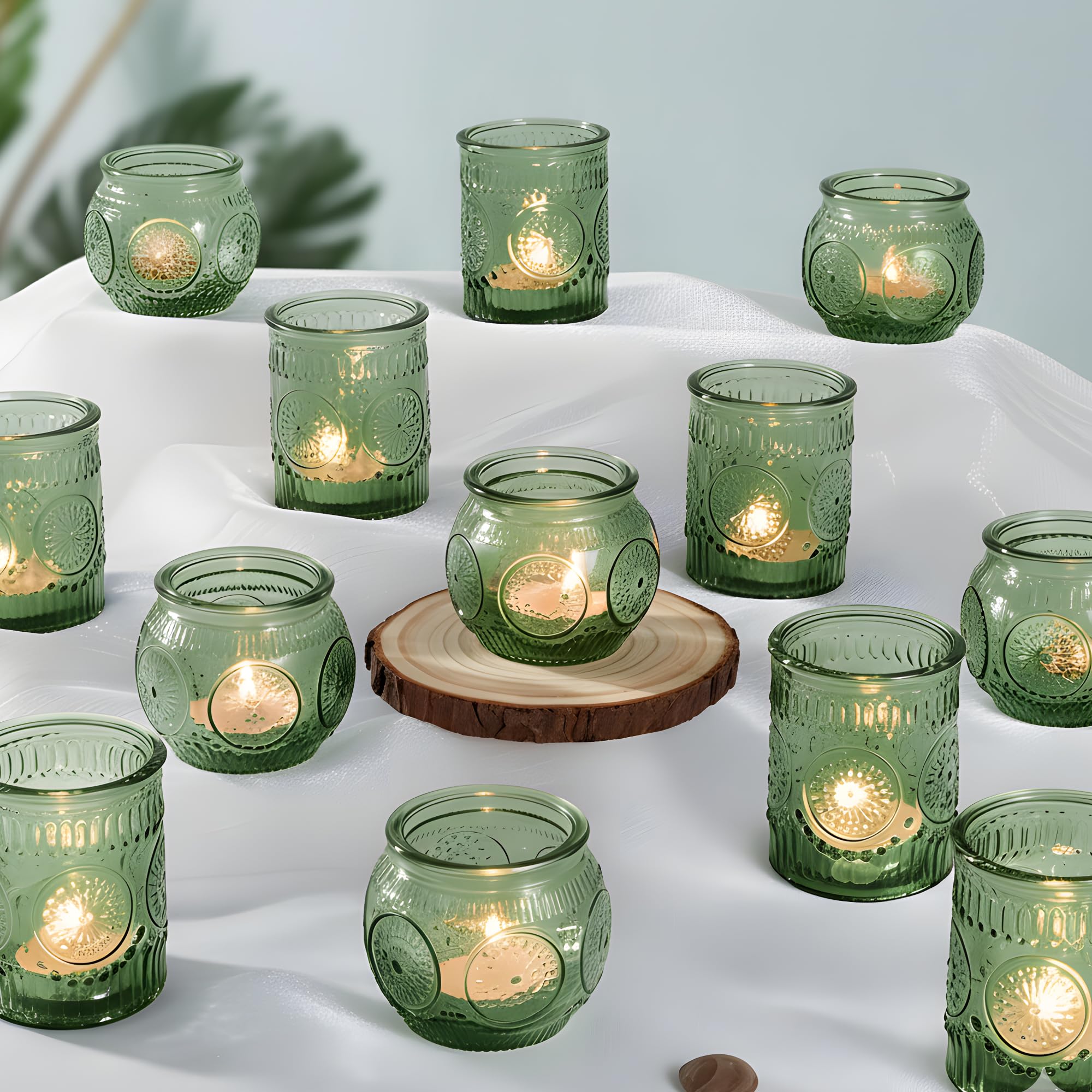 Ligtmor 24 Pcs Green Votive Sunflower Embossed Glass Holder -Assorted Boho Tea Light Holders -for Outdoor,Christmas,Baby Shower,Fall Wedding,Bridal Shower Tea Party Decorations (24, Green)