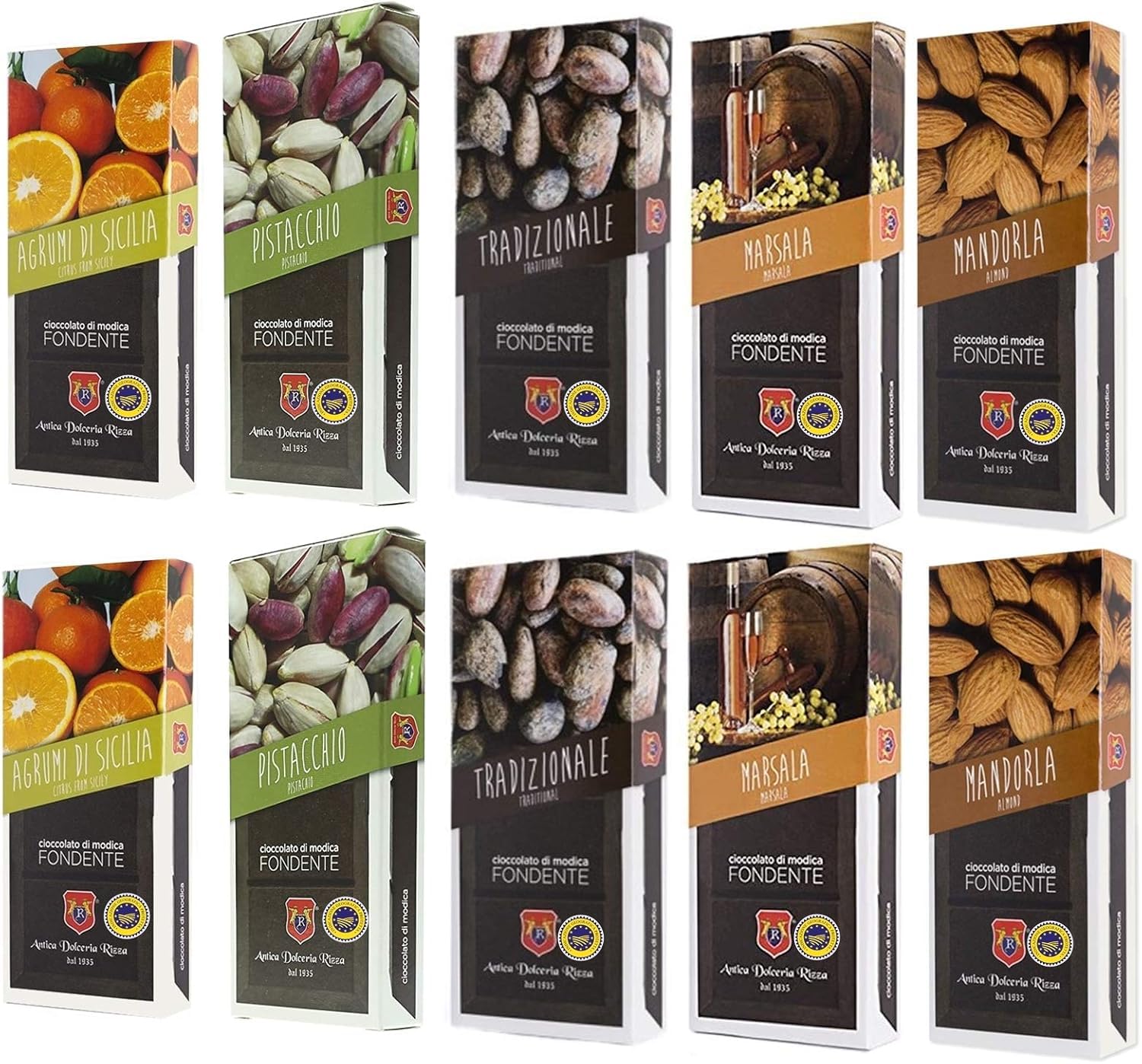 Sicilia Bedda - CIOCCOLATO DI MODICA IGP - 10 Barrette di Cioccolato - 1 KG di Cioccolata di Modica SENZA GLUTINE - ANTICA DOLCERIA RIZZA (Agrumi/Mandorla/Marsala/Pistacchio/Tradizionale)