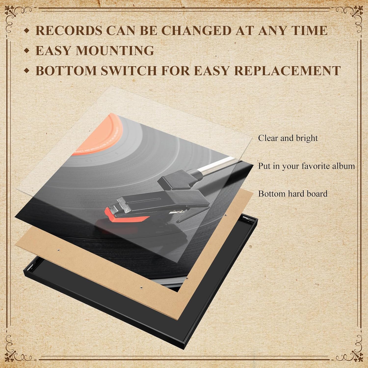 12 Pack Black Music Album Frames 12.5 x 12.5inch Aluminum Vinyl Record Frame Display Wall Mounted Acrylic Photo Frame with Polished Acrylic for Bedroom Wall Hanger Display Album Photos Home Office