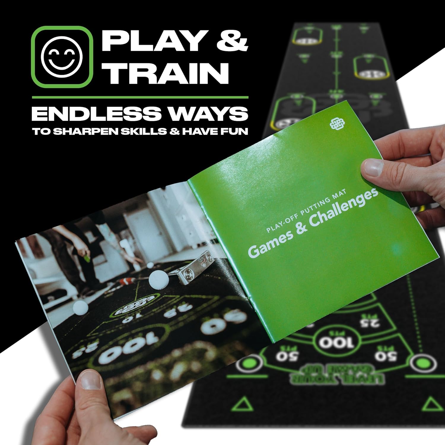 BACK 2 BASICS Golf Portable Putting Green Indoor Golf Putting Mat 10ft, Alignment Aid Trainer for Practice Indoor and Outdoor, Home or Office Compact Roll Target Gate Precision Control Tool