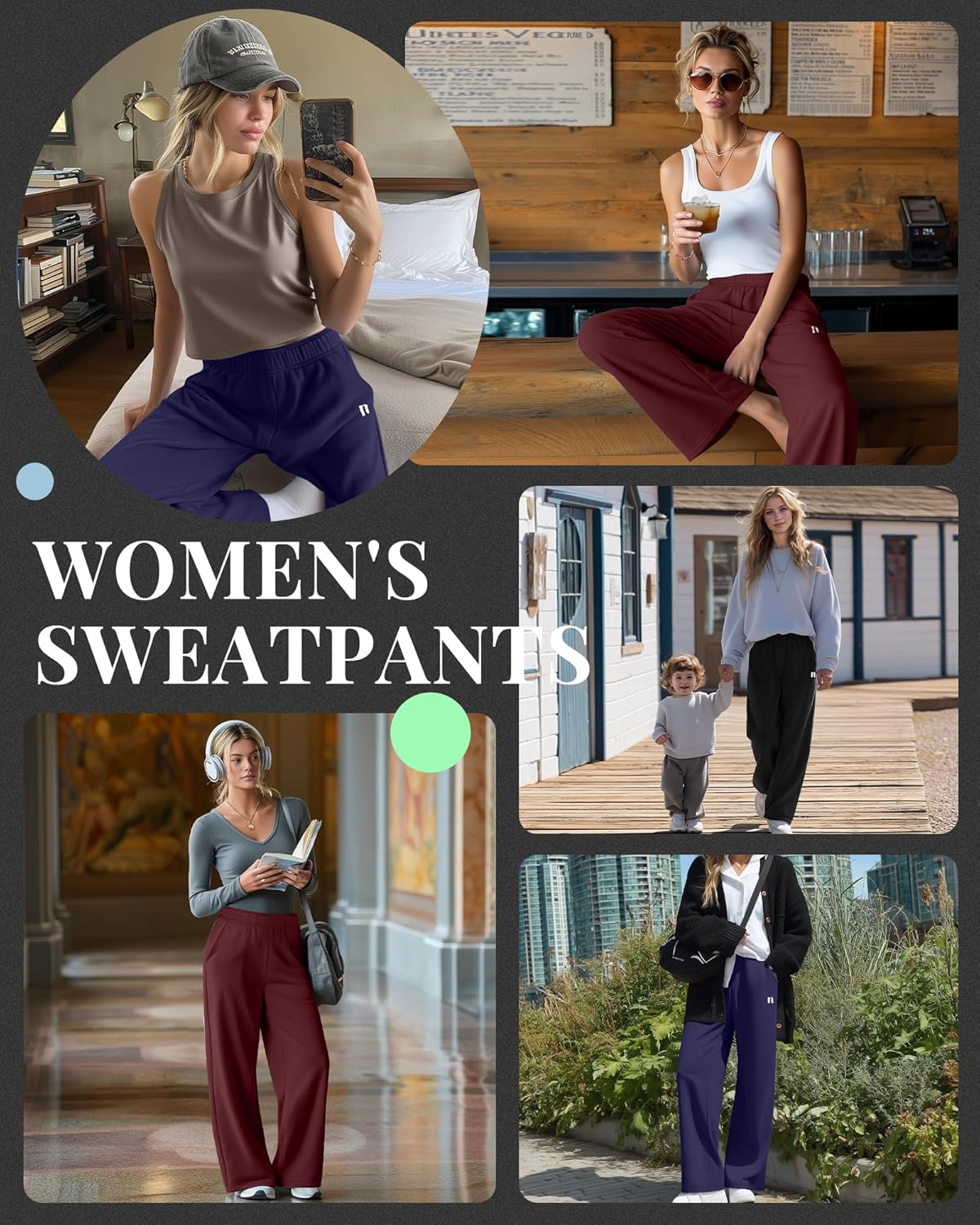 Neer 3 Pack Womens Wide Leg Sweatpants Lounge Athletic Joggers Elastic Waist Baggy Straight Leg Long Pants with Pockets(Black, Prussian Blue, Wine Red,X-Large) - Image 2