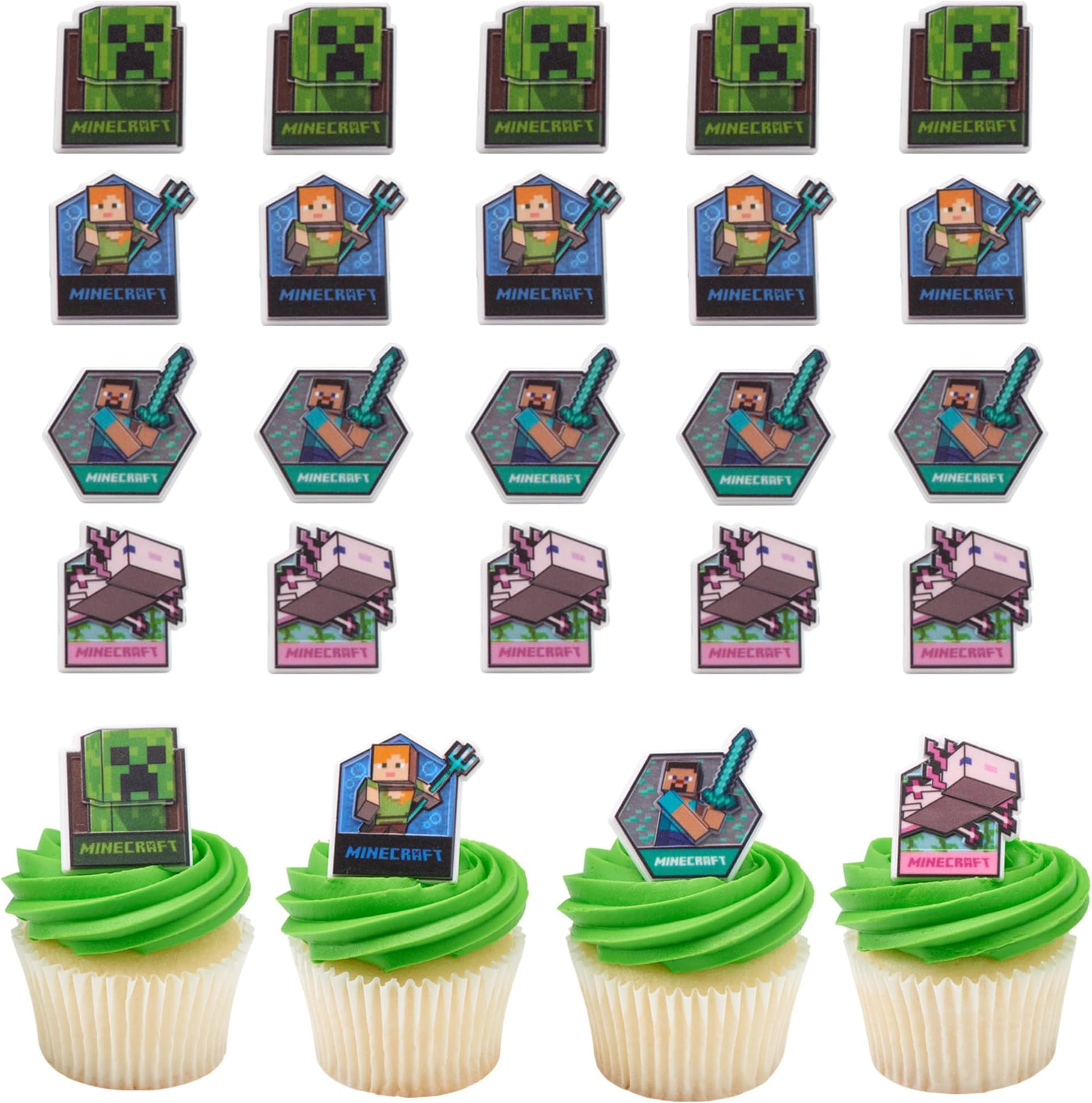 DecoPac Minecraft Lush Finds Rings, Cupcake Decorations Featuring Creeper, Alex, Steve and Axolotl! Multicolored 3D Food Safe Cake Toppers – 24 Pack