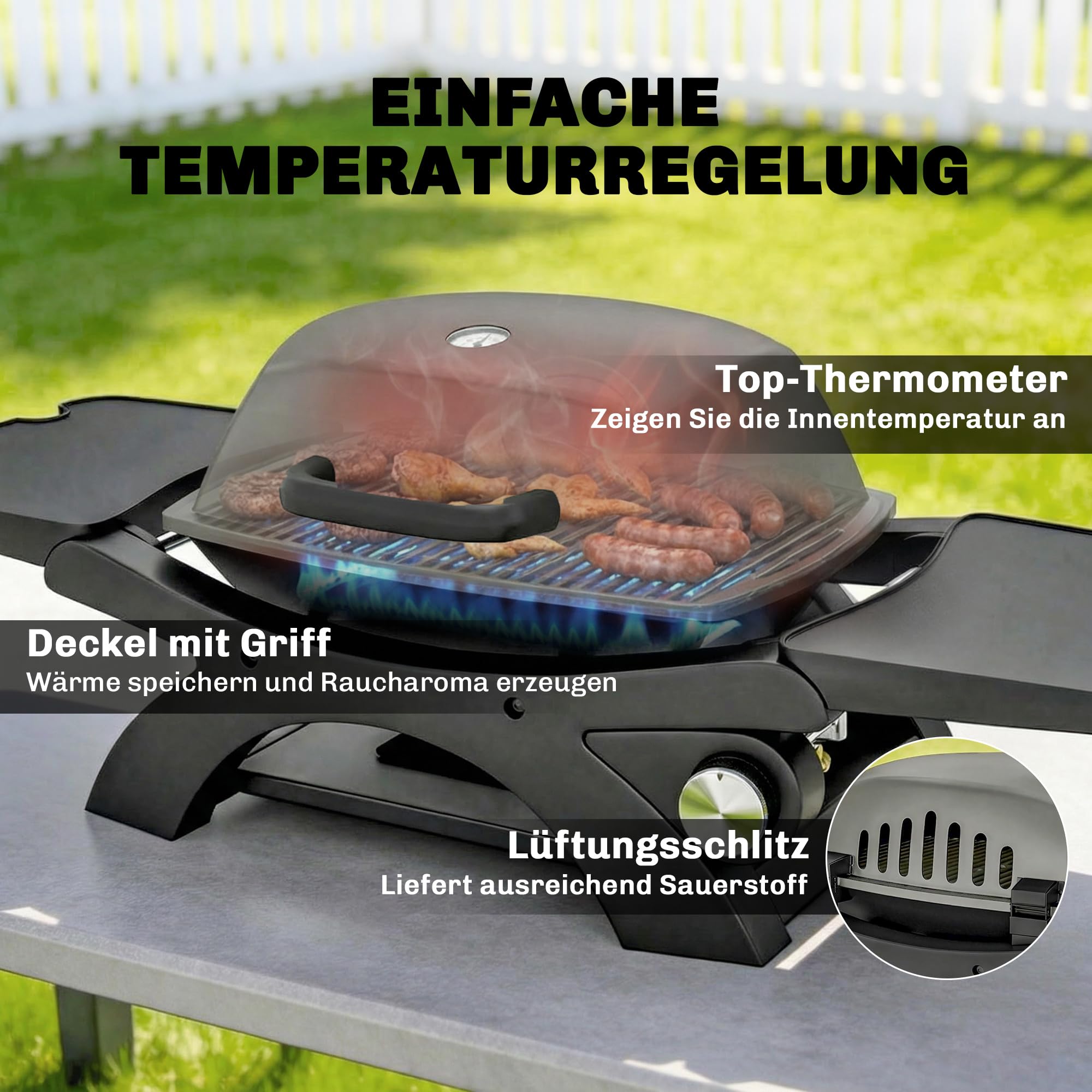 Outsunny Barbecue a gas da 3,3 KW portatile da tavolo con 1 bruciatore, pieghevole, tavoli laterali in ghisa, griglia estraibile, vassoio raccogli grasso, termometro, griglia a gas da tavolo, barbecue